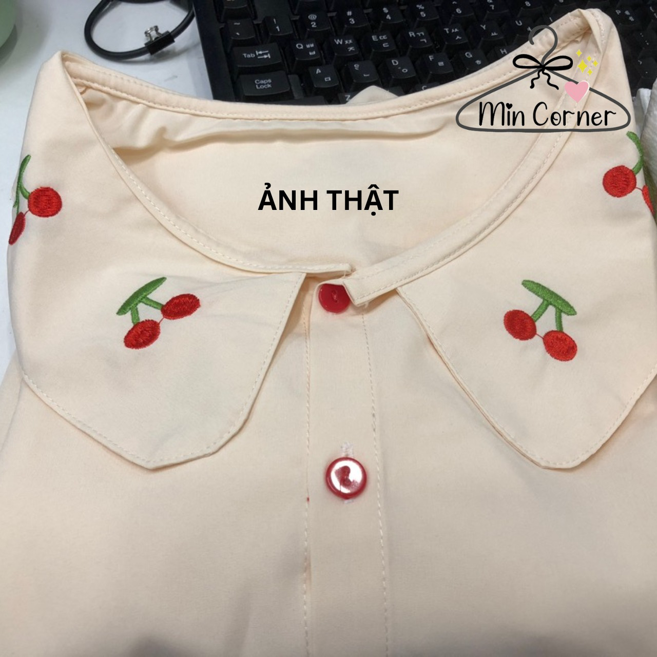 Alternative view of Áo Sơ Mi Nữ Tay Ngắn Thêu Hình Cherry Cổ Sen Màu Be - Min Corner