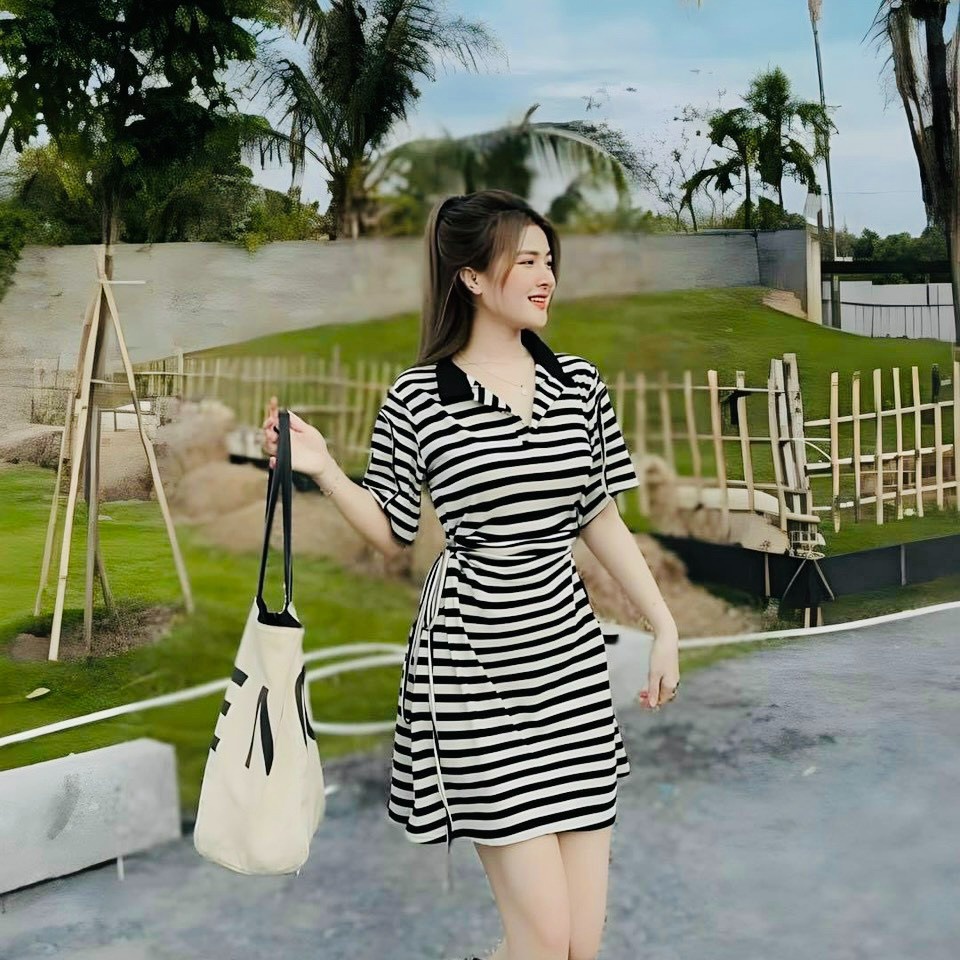 Alternative view of Váy Đầm Sọc Cổ Sơ Mi Rút Dây Eo Dd009 - Nana House