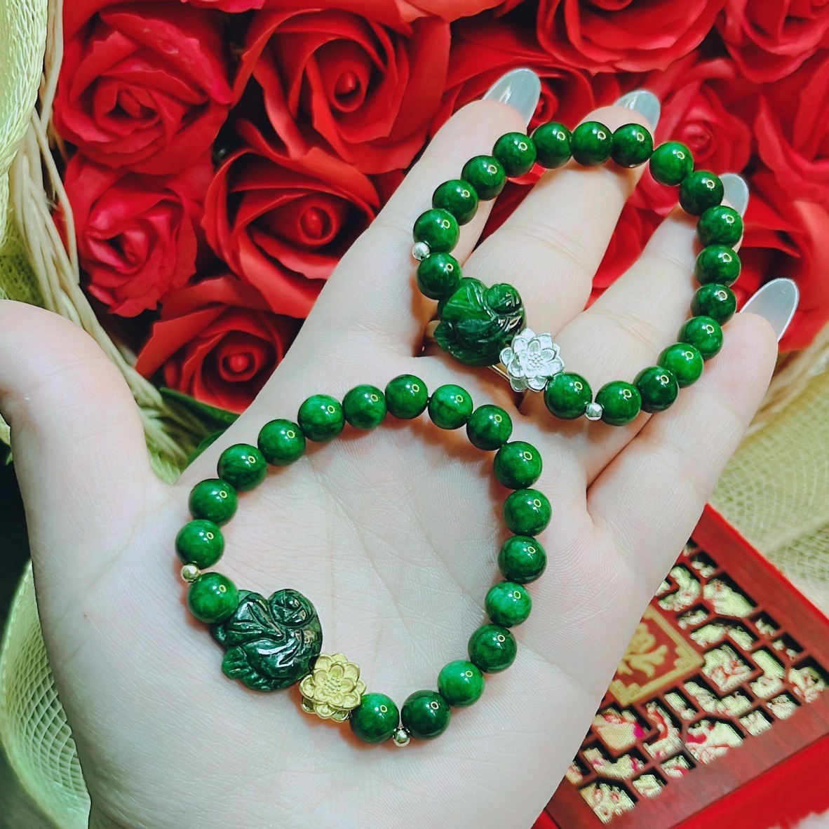 Alternative view of Vòng Tay Hồ Ly Ngọc Cẩm Thạch Sơn Thủy Thiên Nhiên Phối Hoa Sen Bạc Ta - Thắng Giang