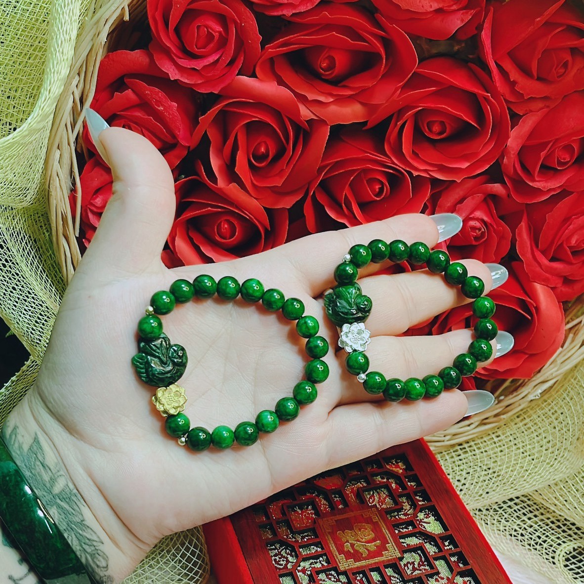 Vòng Tay Hồ Ly Ngọc Cẩm Thạch Sơn Thủy Thiên Nhiên Phối Hoa Sen Bạc Ta - Thắng Giang