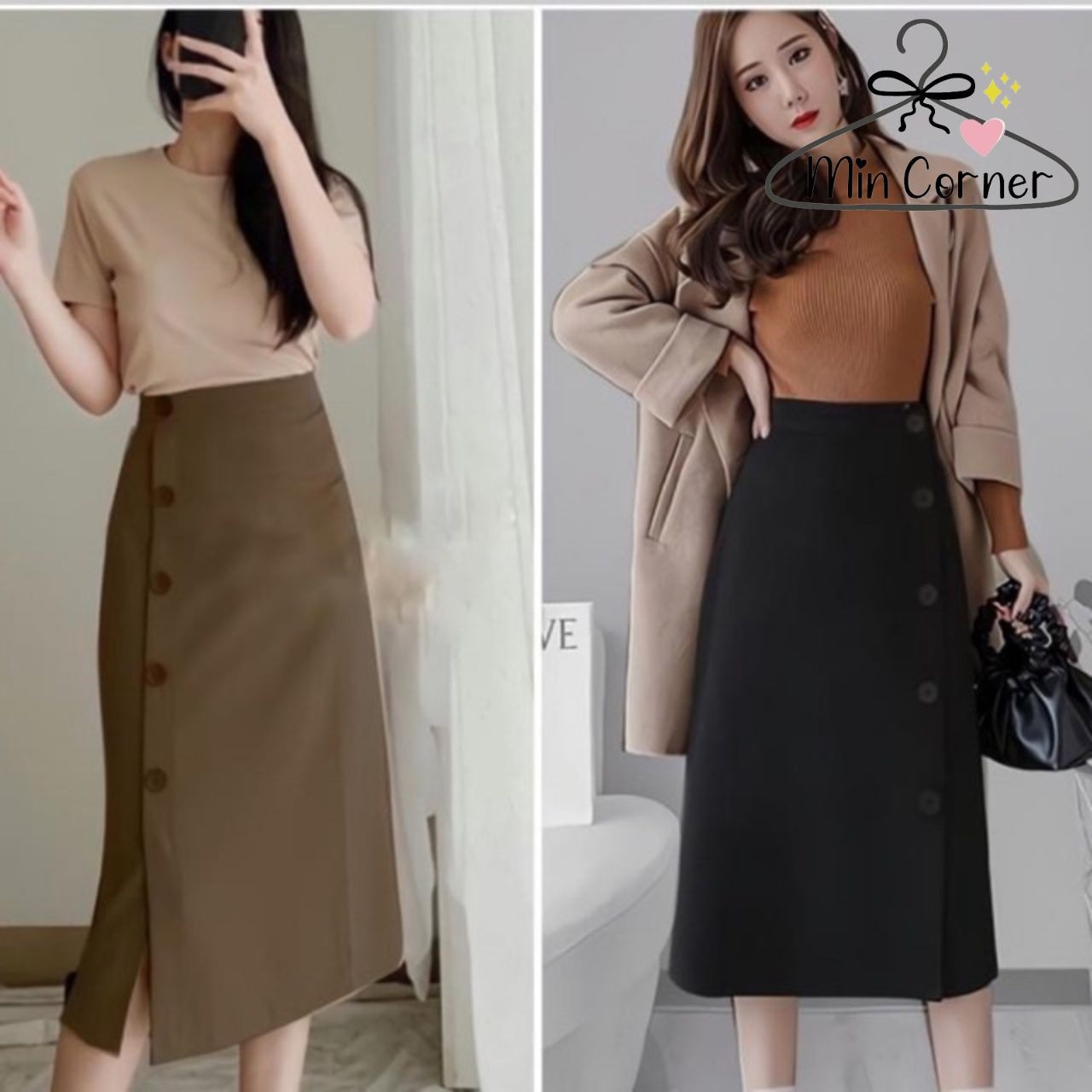 Chân Váy Midi Phối Nút Dọc Thân Váy Xẻ Tà Siêu Xinh Mv19 - Min Corner