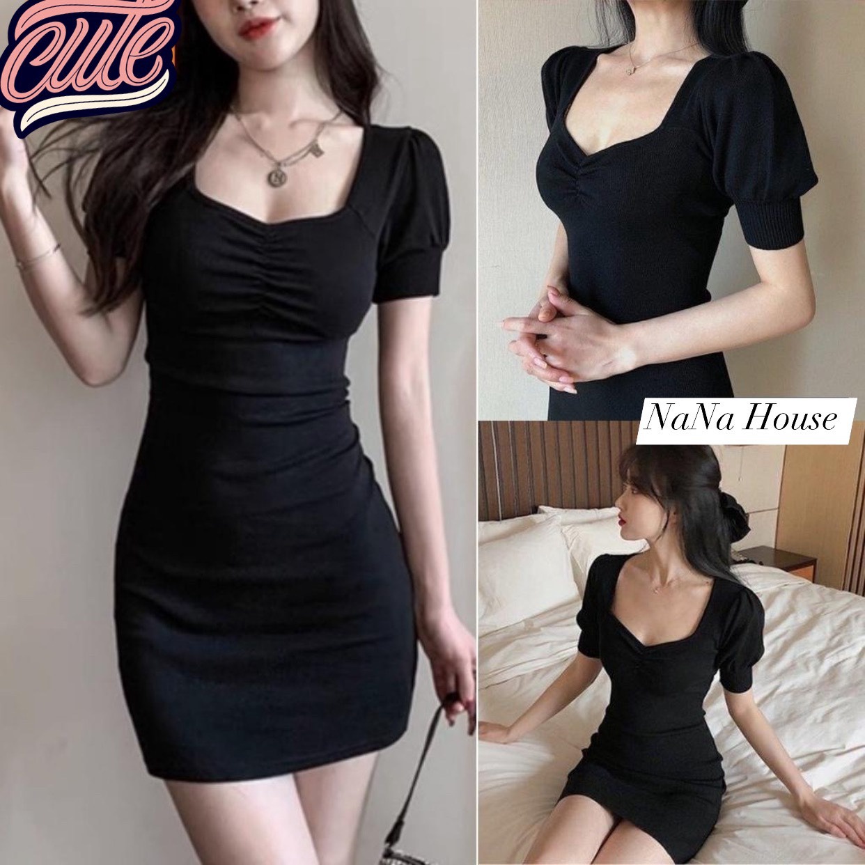 Đầm Váy Body Tay Phồng Nhún Ngực Thun Borip Ug55 - Nana House