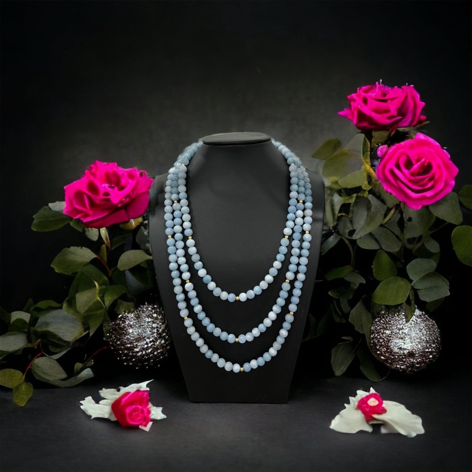 Chuỗi Vòng Cổ Đá Thạch Anh Màu Aquamarine Ba Tầng Hầu Dâng - Thắng Giang