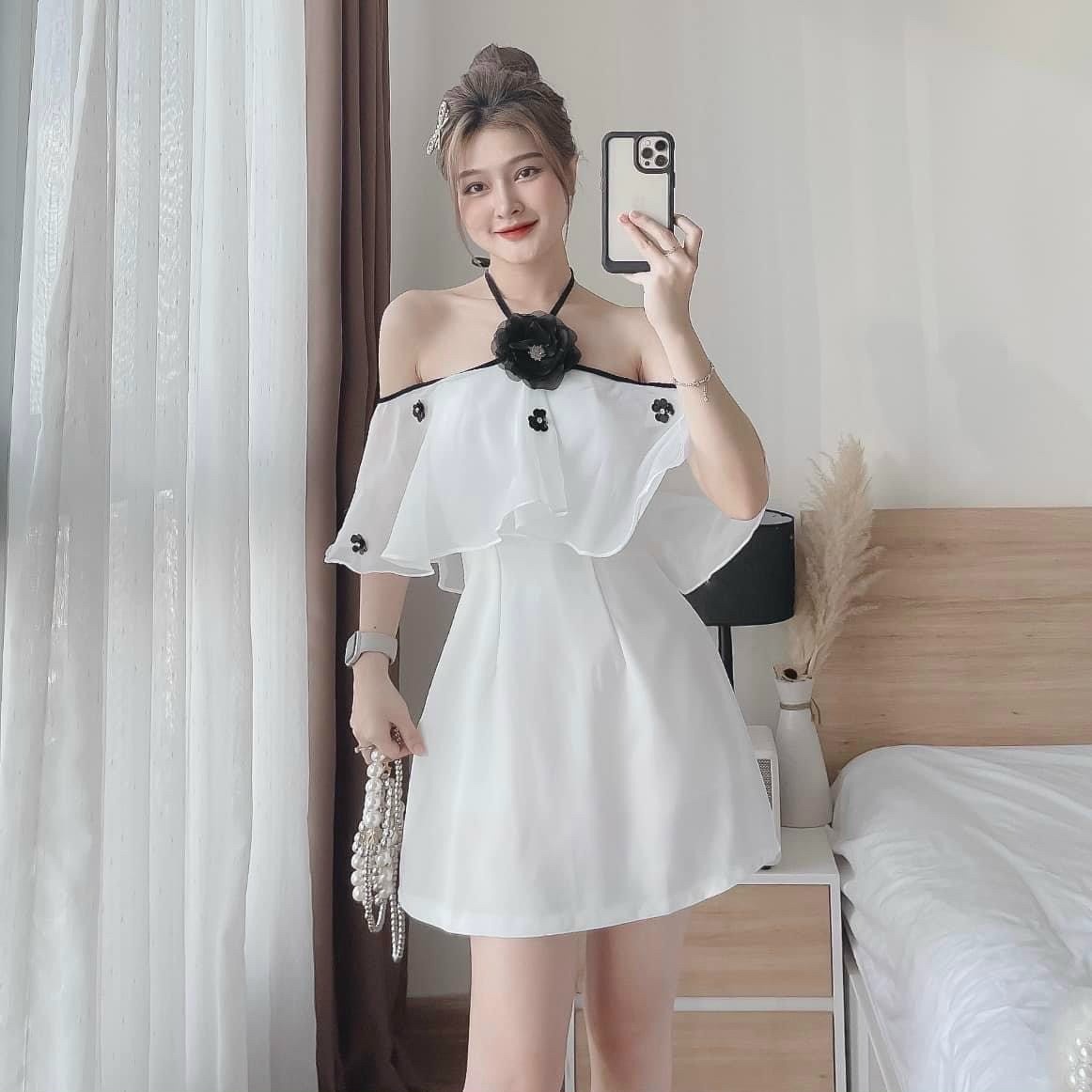 Đầm Viền Phối Bèo Đính Hoa Có Mút Ngực V40 - Haka Mây