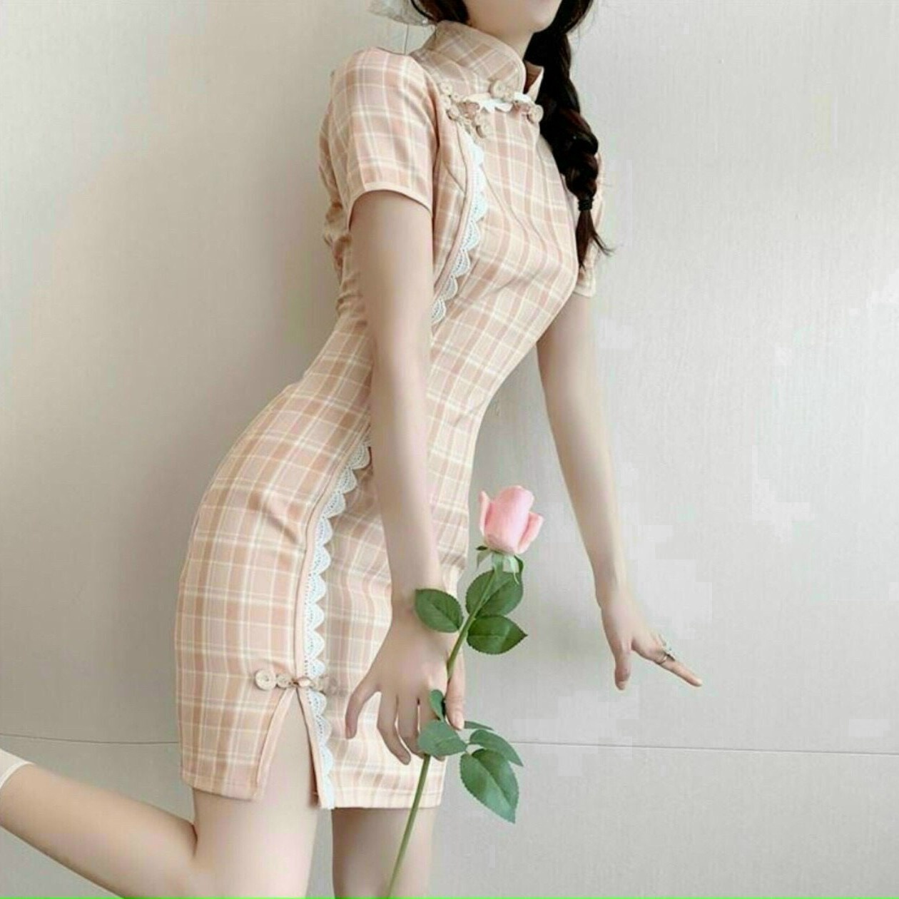 Đầm Sườn Xám Viền Ren Chic Eo Siêu Xinh Chất Thun Dẻo In 3d V172 - Haka Mây
