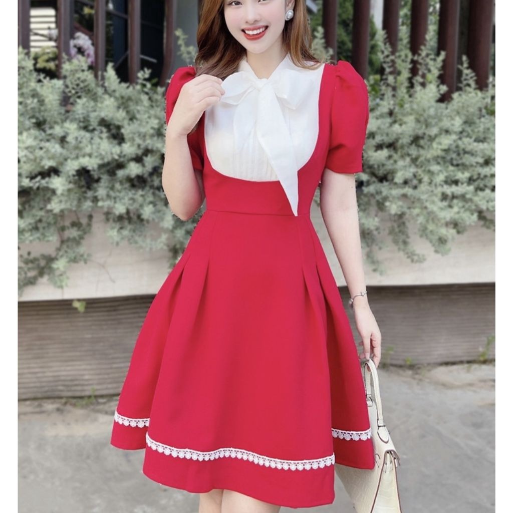 Alternative view of Đầm Xòe Chạy Viền Ren Phối Cổ Dập Ly Cột Nơ V256 - Lisa