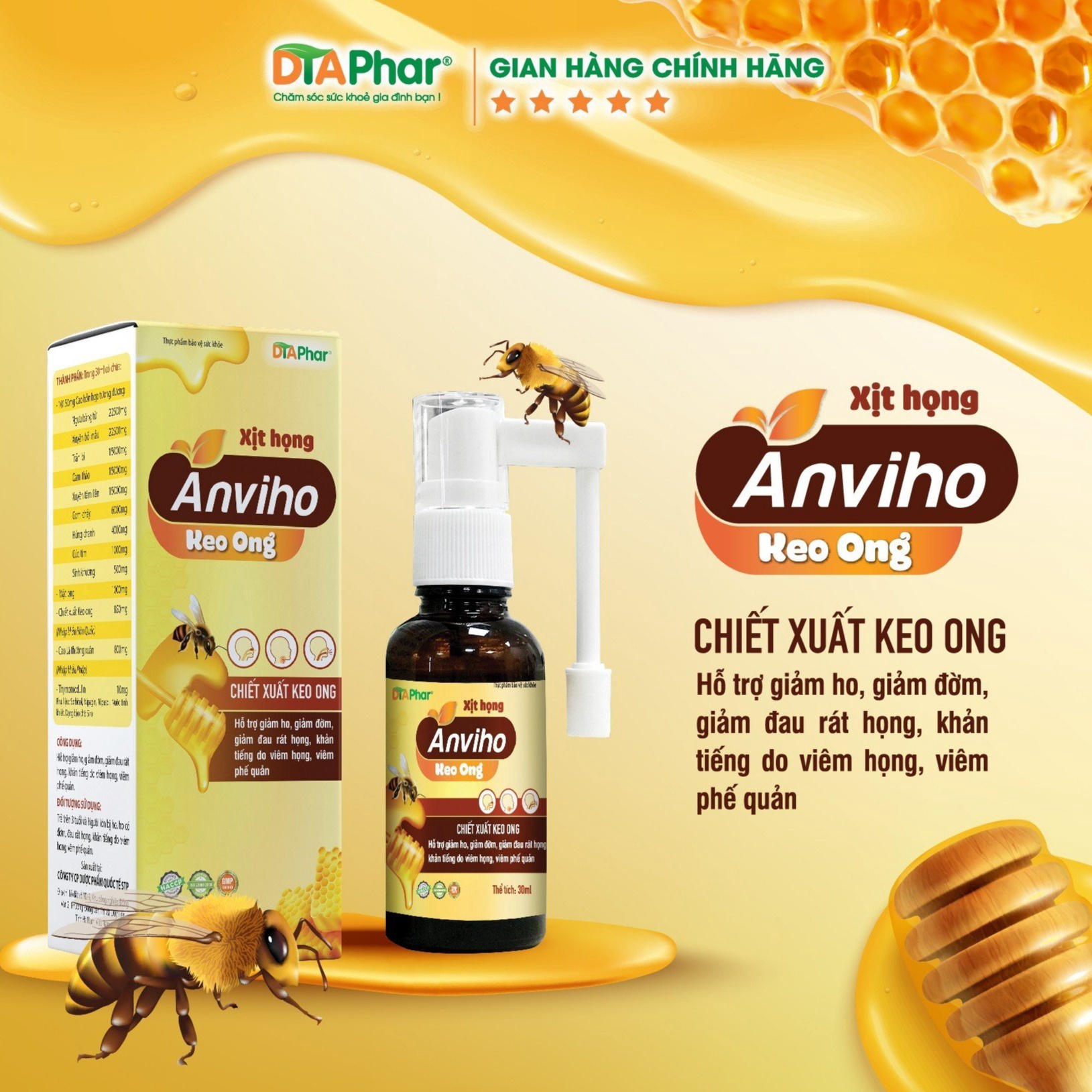 Alternative view of Xịt Họng Anviho Keo Ong Hỗ Trợ Giảm Ho Giảm Đờm Đau Rát Họng Khản Tiếng Do Ho Viêm Họng Viêm Phế Quản Chai 30ml