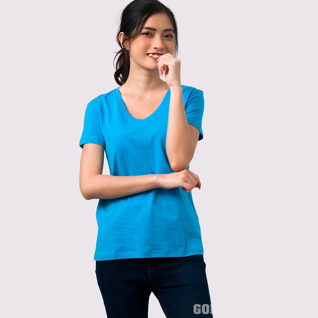 Alternative view of Áo Thun Nữ Cổ Tim Xanh Da Trời 100% Cotton Cao Cấp - Gold Rhino