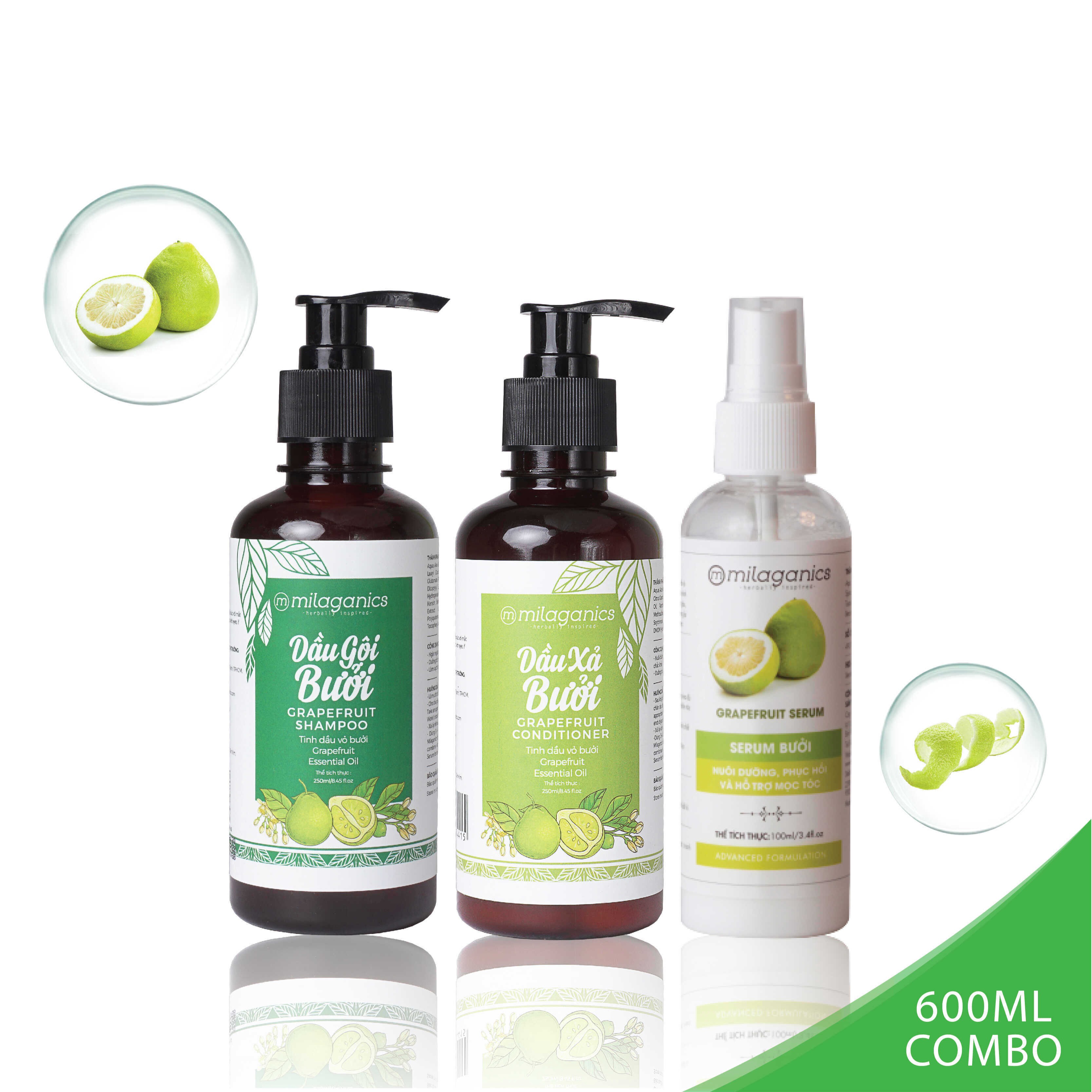 Bộ 3 Sản Phẩm Kích Thích Mọc Tóc & Ngăn Ngừa Rụng Tóc: Dầu Gội, Dầu Xả, Serum Bưởi - Milaganics (600ml/ Bộ)