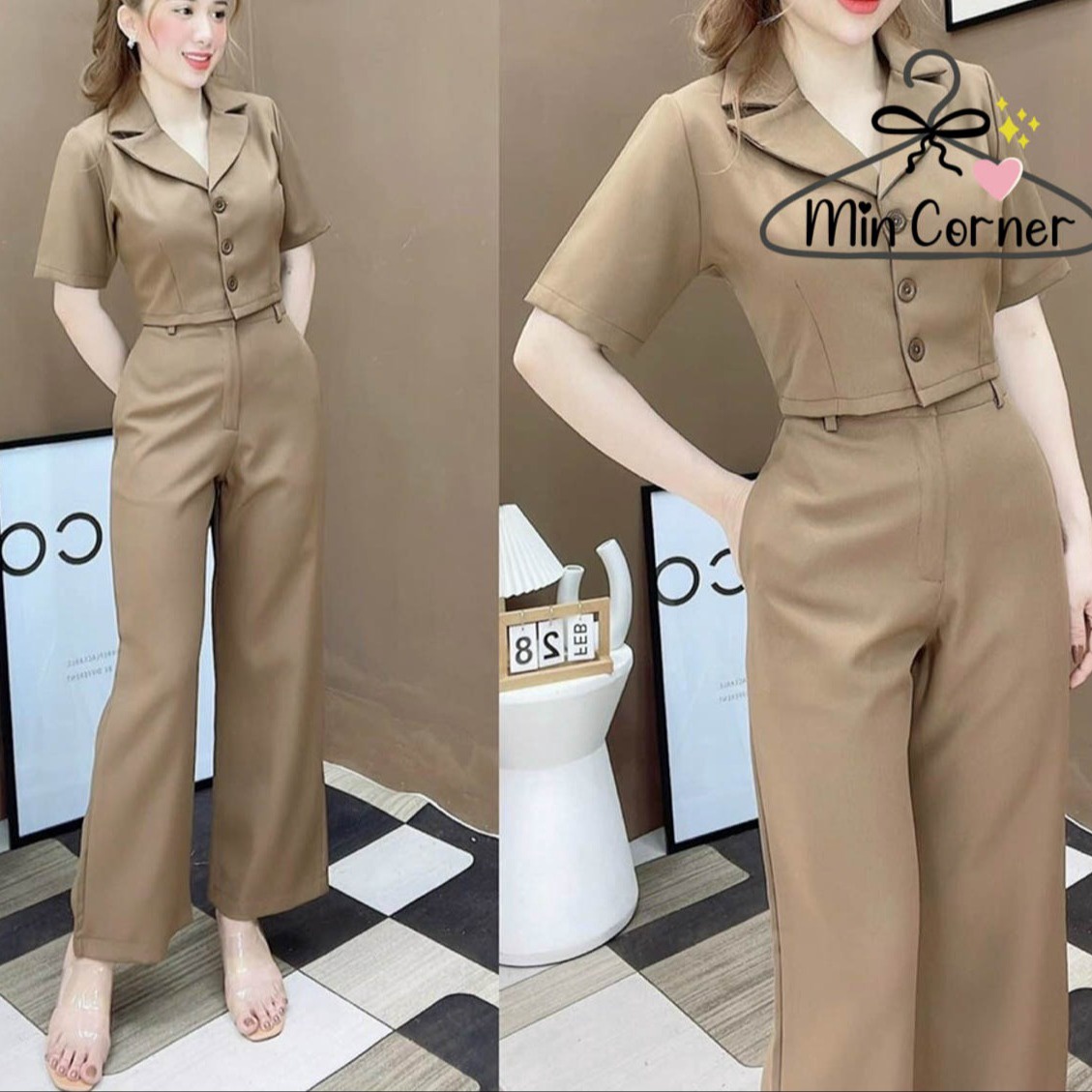 Alternative view of Set Bộ Áo Cổ Vest Kèm Quần Form Suông Cùng Màu Mb4 - Min Corner