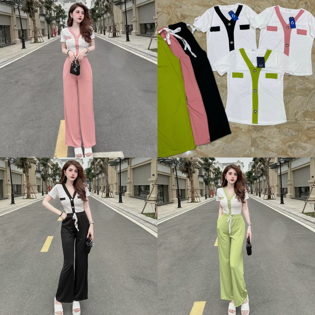 Set Nữ Quần Dài Áo Phối Viền Đủ Màu Sắc Chất Thun Gân