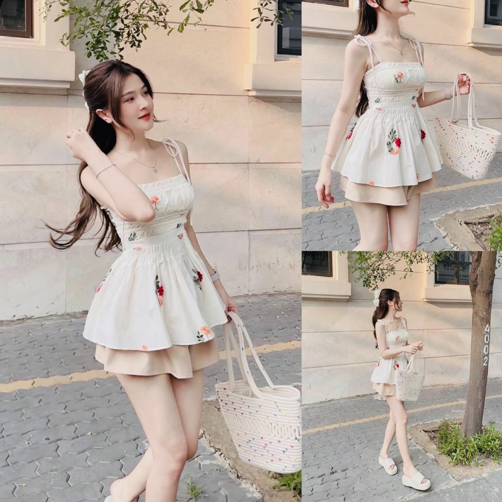 Set Chân Váy Dập Ly(có Lót) Mix Áo 2 Dây Dập Hoa Chạy Mocking Thân Sau Ug015 - Nana House