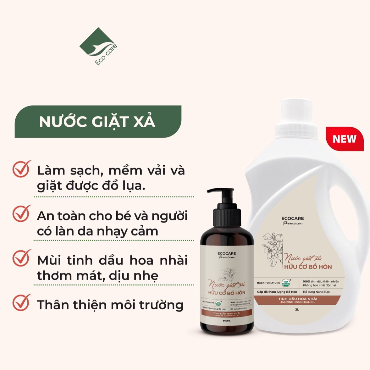 Nước Giặt Xả Hữu Cơ Bồ Hòn Tinh Dầu Hoa Nhài - Ecocare