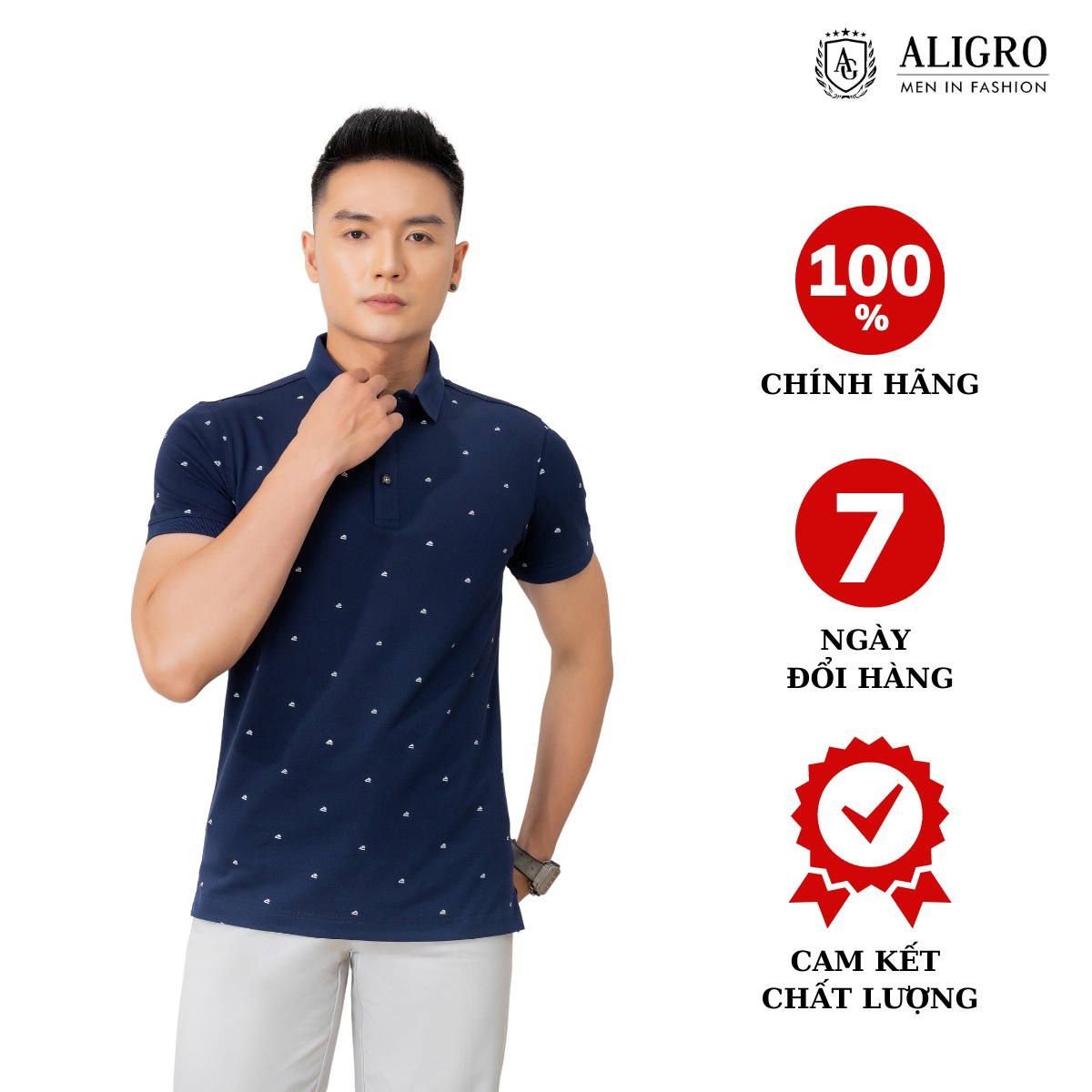 Áo Polo Nam Ngắn Tay Chất Liệu Cotton Hoạ Tiết Bàn Là Bắt Mắt 2 Màu (navy, Vàng) Co Giãn 4 Chiều, Thấm Hút Tốt - Aligro