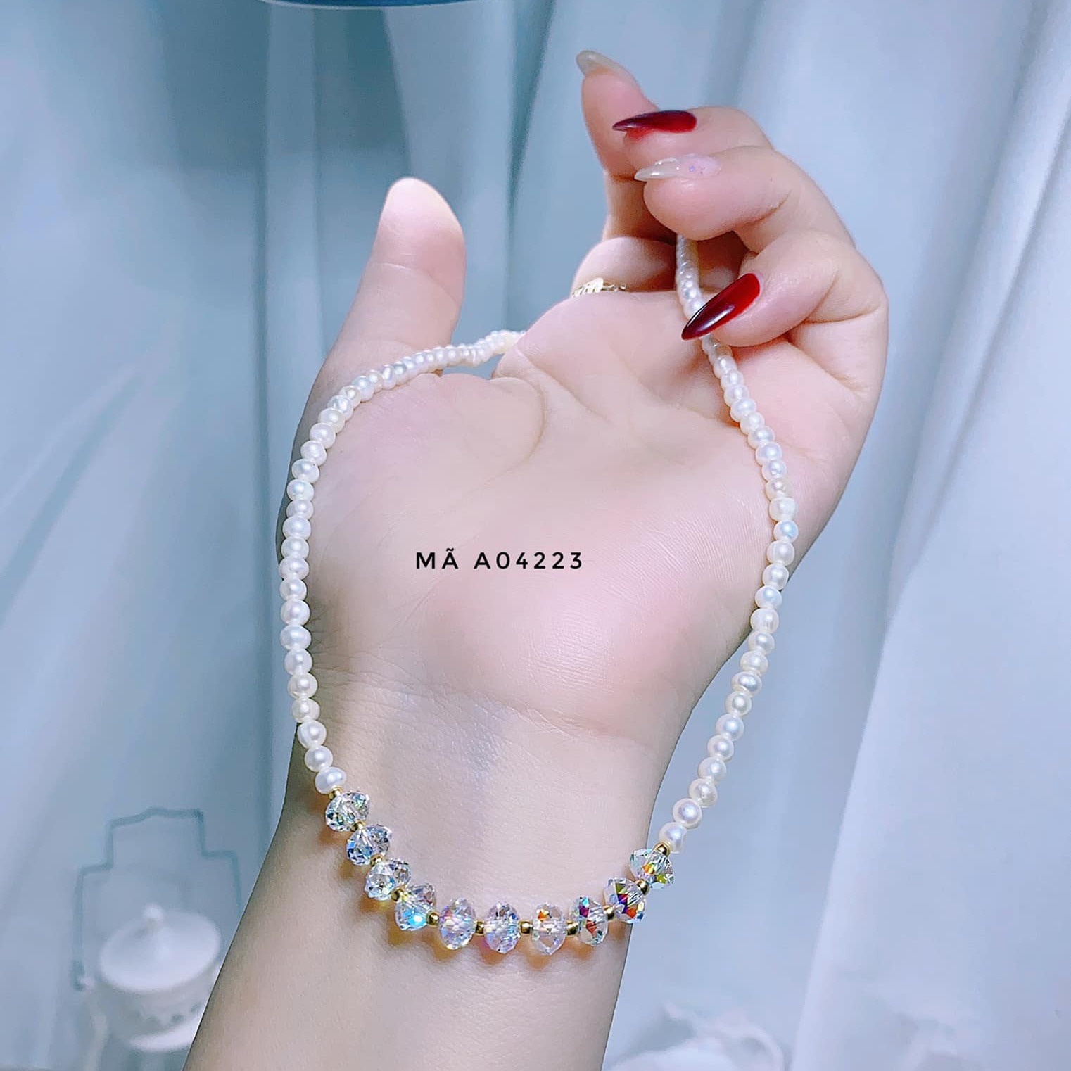Dây Chuyền Ngọc Trai Nuôi Nước Ngọt Thiên Nhiên Phối Pha Lê Cao Cấp - Thắng Giang