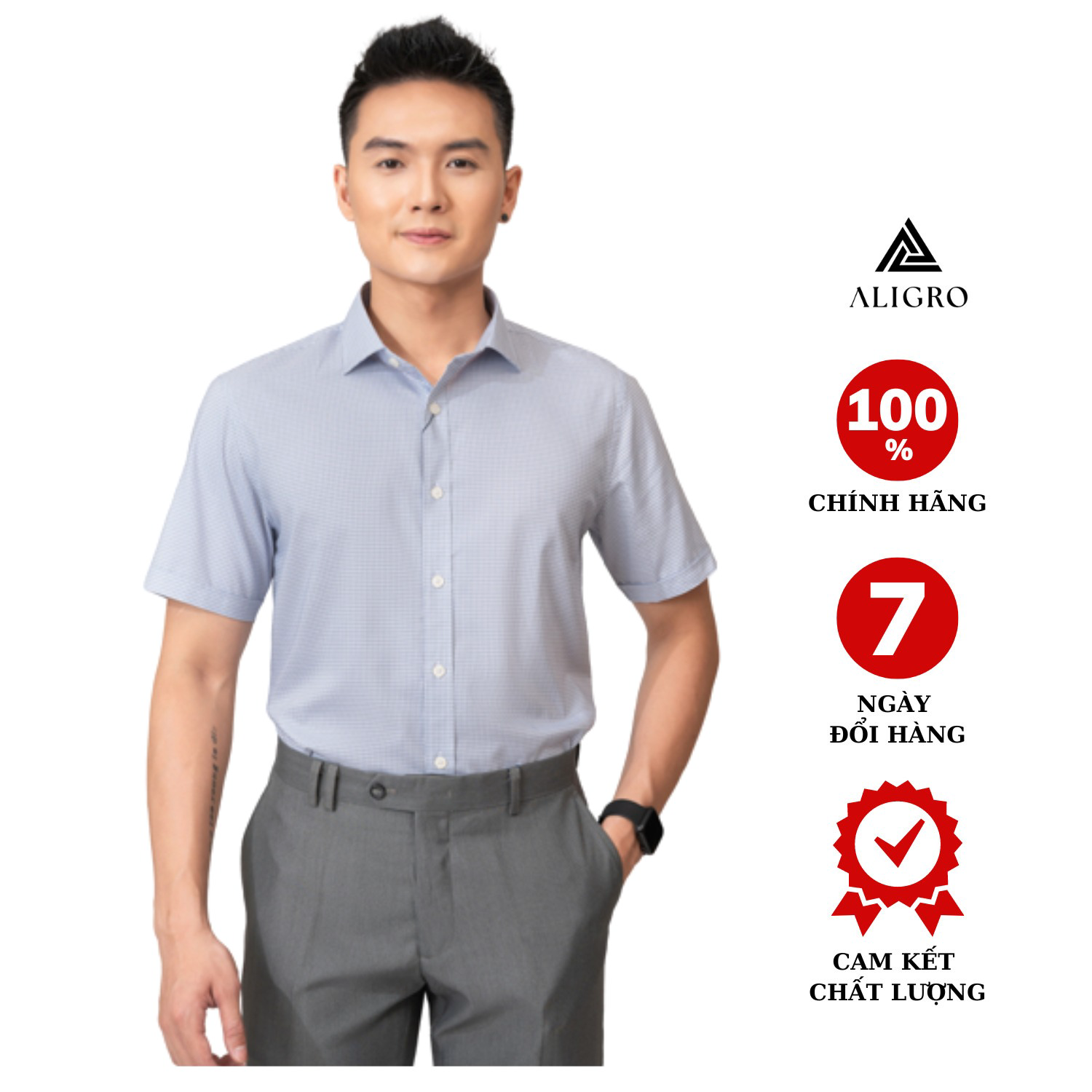 Áo Sơ Mi Cộc Tay Kẻ Caro Nhỏ Ghi Algs-c118 - Aligro