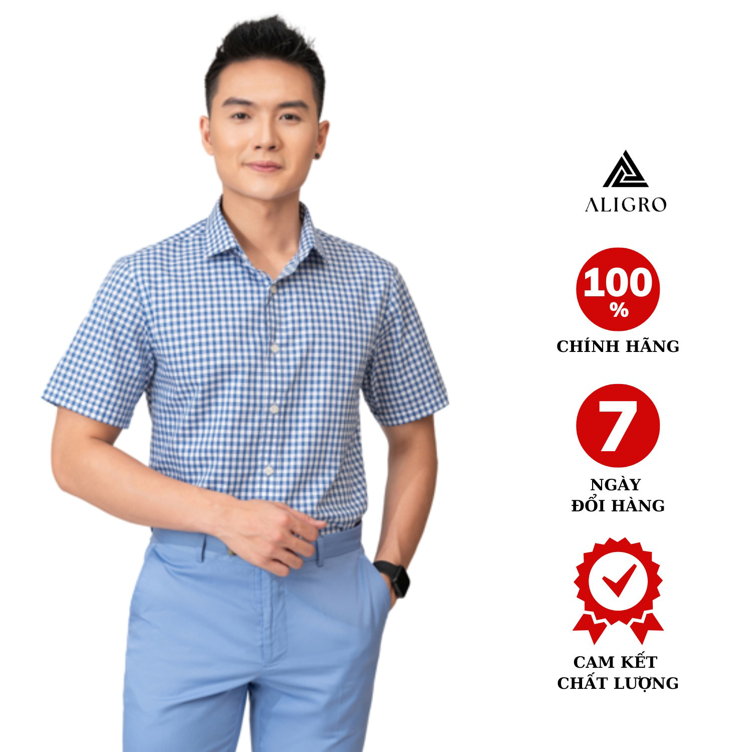 Áo Sơ Mi Cộc Tay Kẻ Caro Xanh Navy Algs-c117 - Aligro