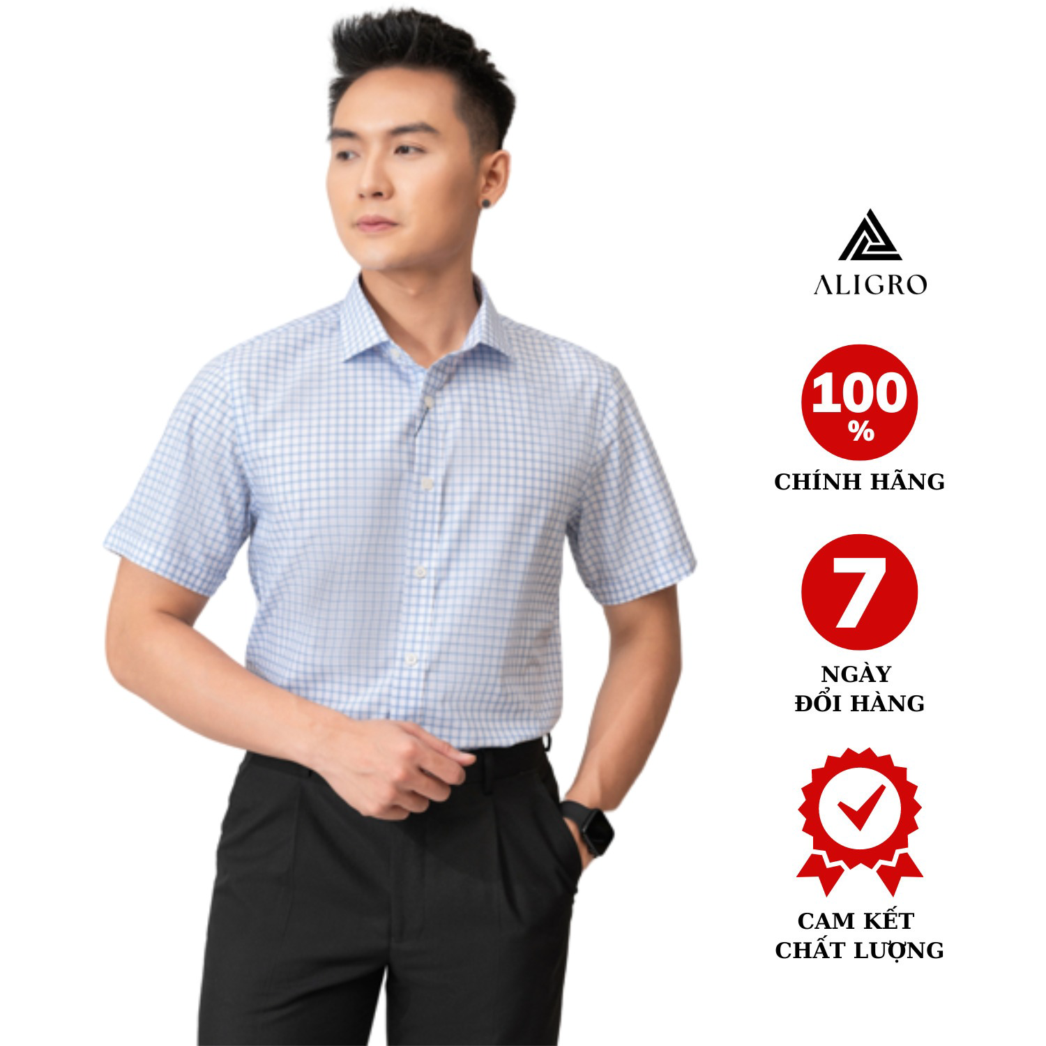 Áo Sơ Mi Cộc Tay Trắng Kẻ Caro Xanh Algs-c116 -aligro