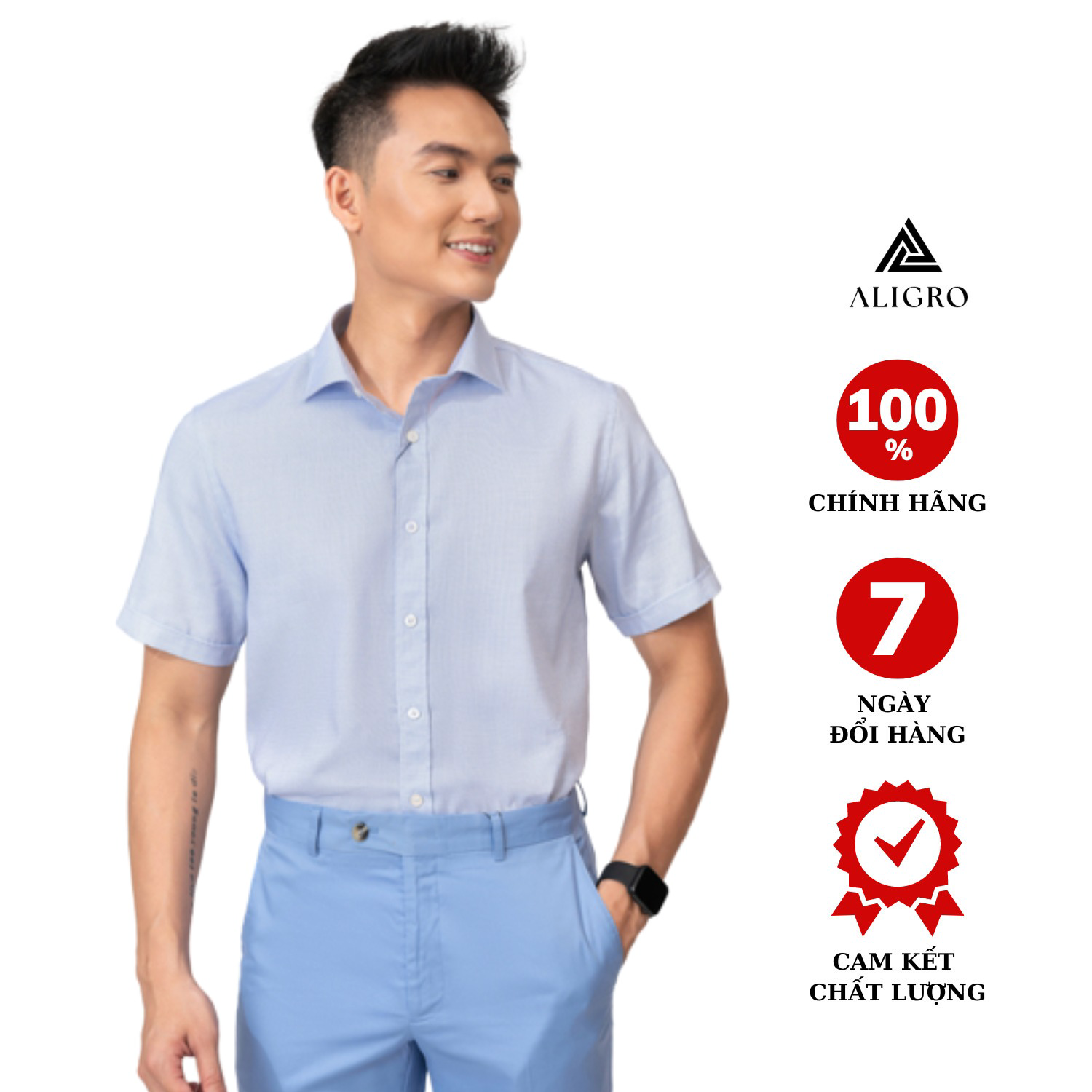 Áo Sơ Mi Cộc Tay Trắng Chấm Xanh Algs-c115 - Aligro