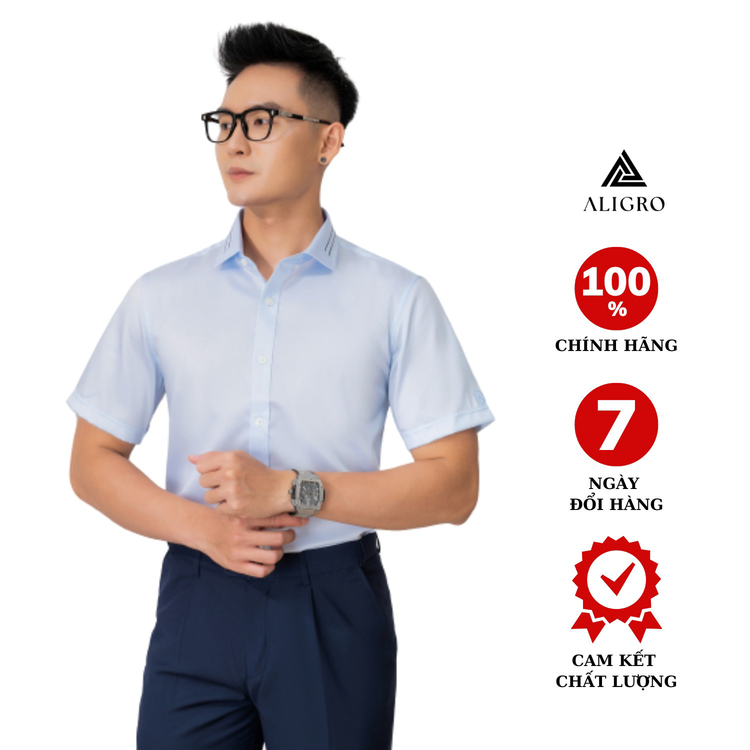 Áo Sơ Mi Nam Ngắn Tay Vải Cotton Chống Nhăn, Kháng Khuẩn Cao Cấp Form Slim Vừa Công Sở Algs-c114 - Aligro