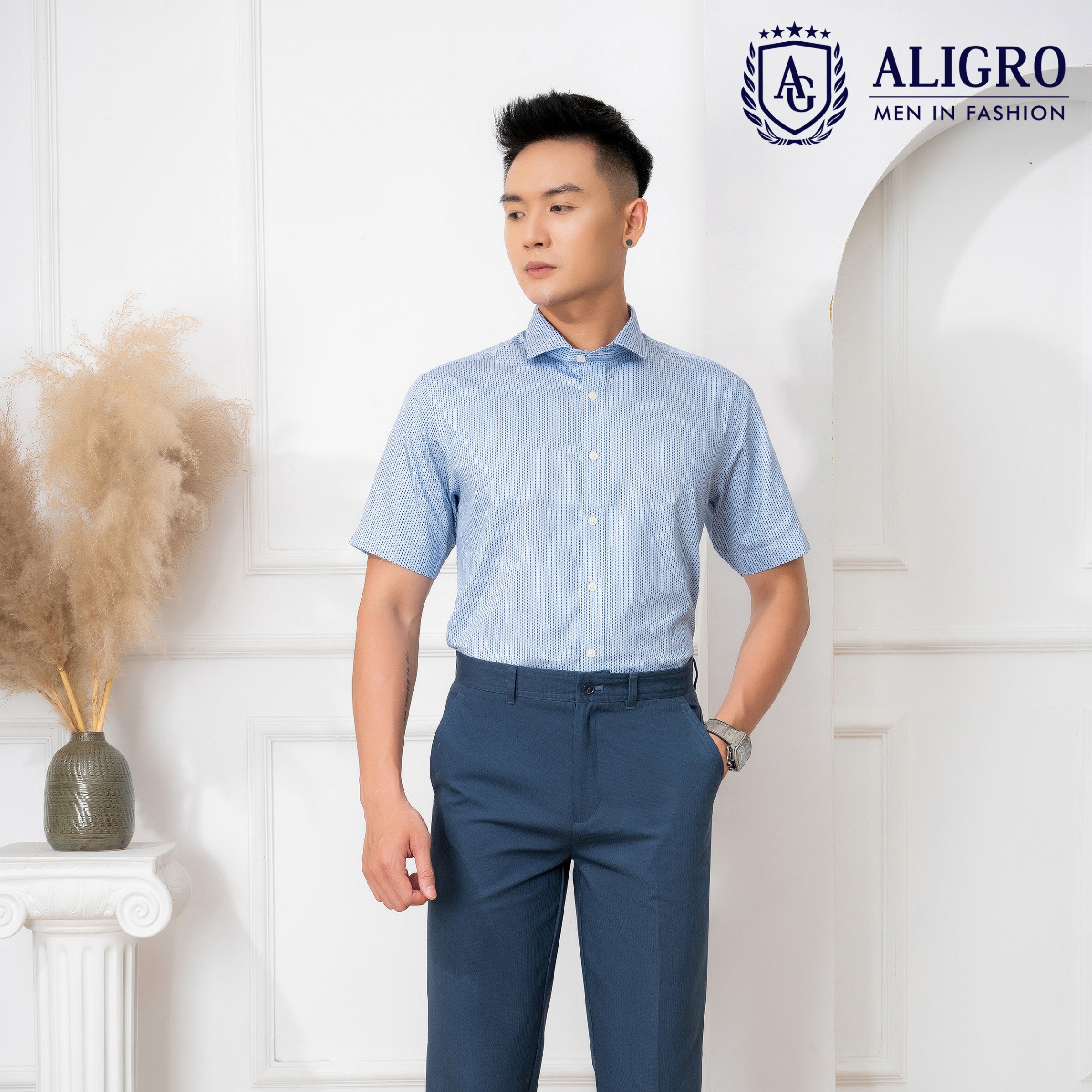 Áo Sơ Mi Cộc Tay Xanh Chấm Đen Algs-c85 - Aligro