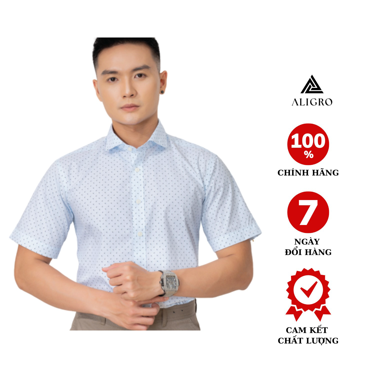 Áo Sơ Mi Cộc Tay Xanh Họa Tiết Algs-c83 - Aligro