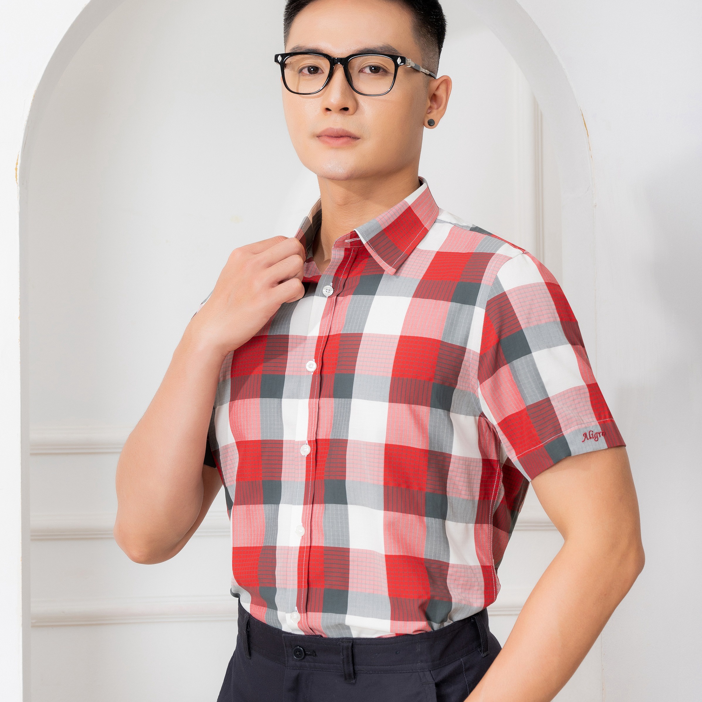 Áo Sơ Mi Cộc Tay Kẻ Màu Đỏ Algs-c58 - Aligro