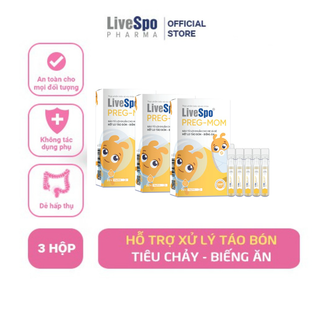 Combo 3: Hỗ Trợ Giảm Táo Bón, Rối Loạn Tiêu Hóa Livespo Preg-mom Hộp 20 Ống - Livespo Pharma
