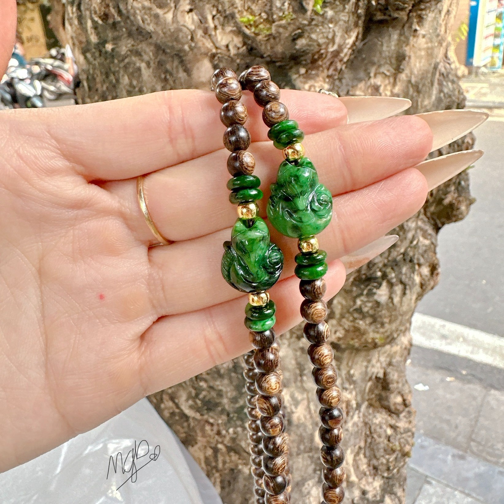 Vòng Tay Trầm Hương Hồ Ly Tứ Điếu Ngọc Cẩm Thạch Sơn Thủy Thiên Nhiên - Thắng Giang