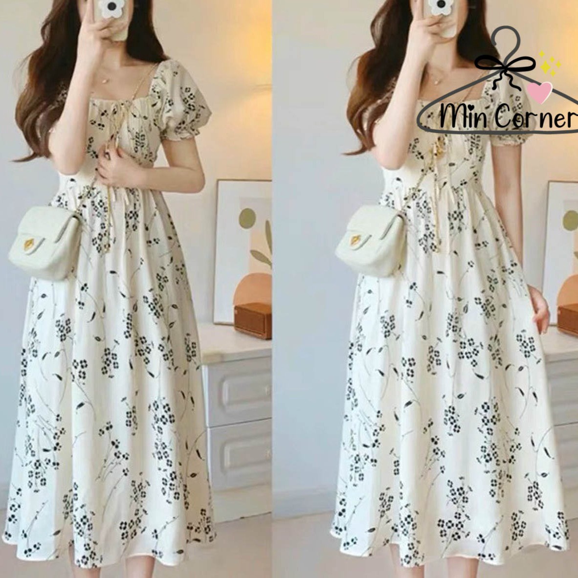 Đầm Midi Lụa Hoa Tay Bồng Nhún Ngực Md122 - Min Corner