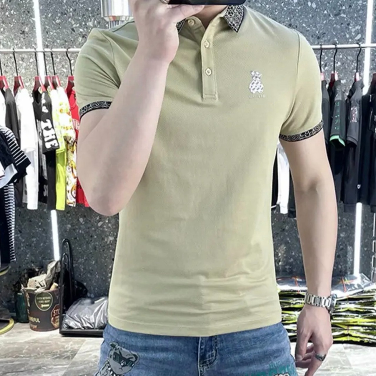 Alternative view of Áo Polo Nam Trơn Cộc Tay Cổ Thổ Cẩm 2023