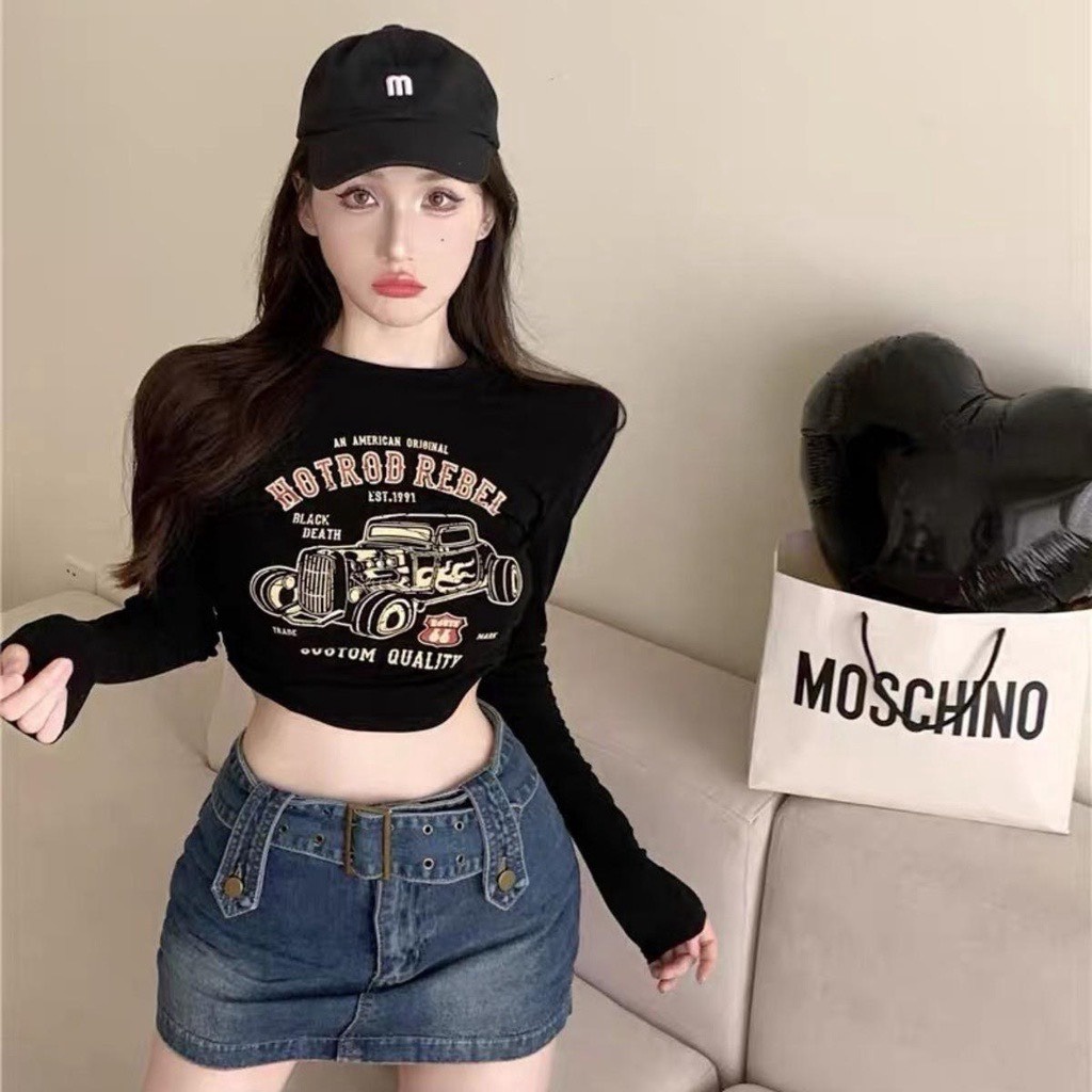 Áo Croptop Ôm Body Nữ Hotrod Rebel Tay Dài Cổ Tròn Ug449 - Nana House
