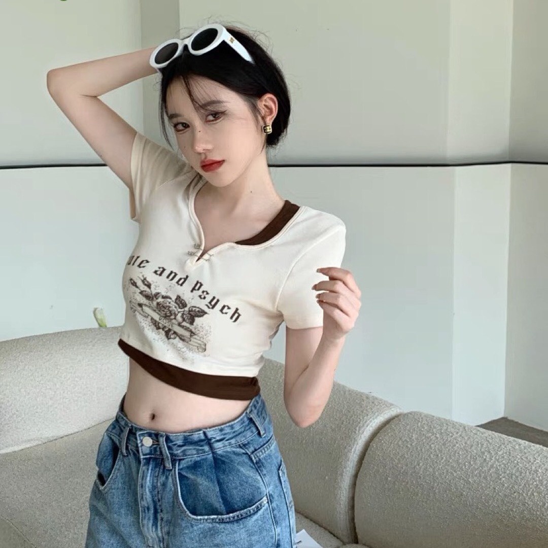 Áo Thun Nữ Croptop Cổ Tròn Tay Ngắn Phối Màu - Ausa House