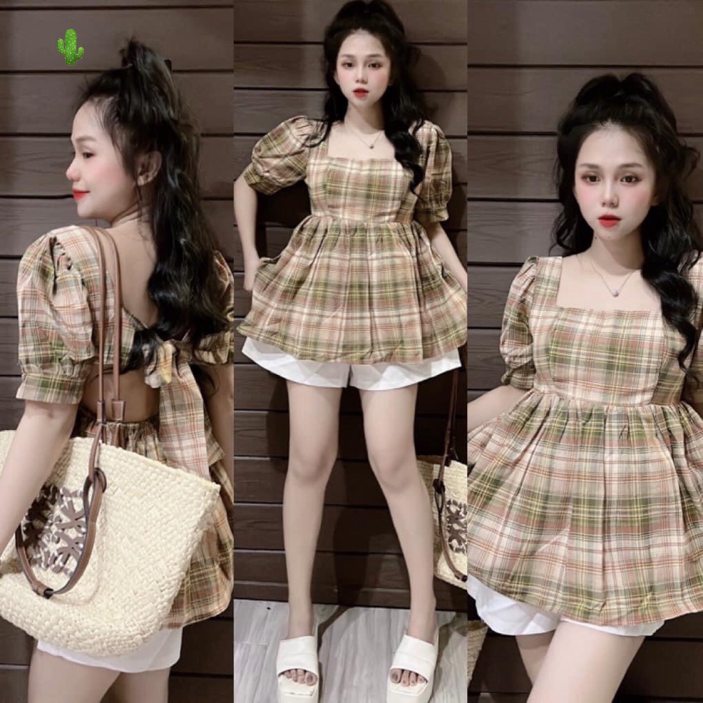 Alternative view of Áo Nữ Baby Doll Kẻ Caro Thắt Nơ Sau Lưng - Ausa House