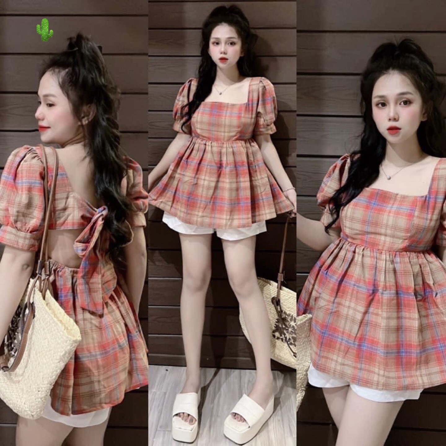 Áo Nữ Baby Doll Kẻ Caro Thắt Nơ Sau Lưng - Ausa House