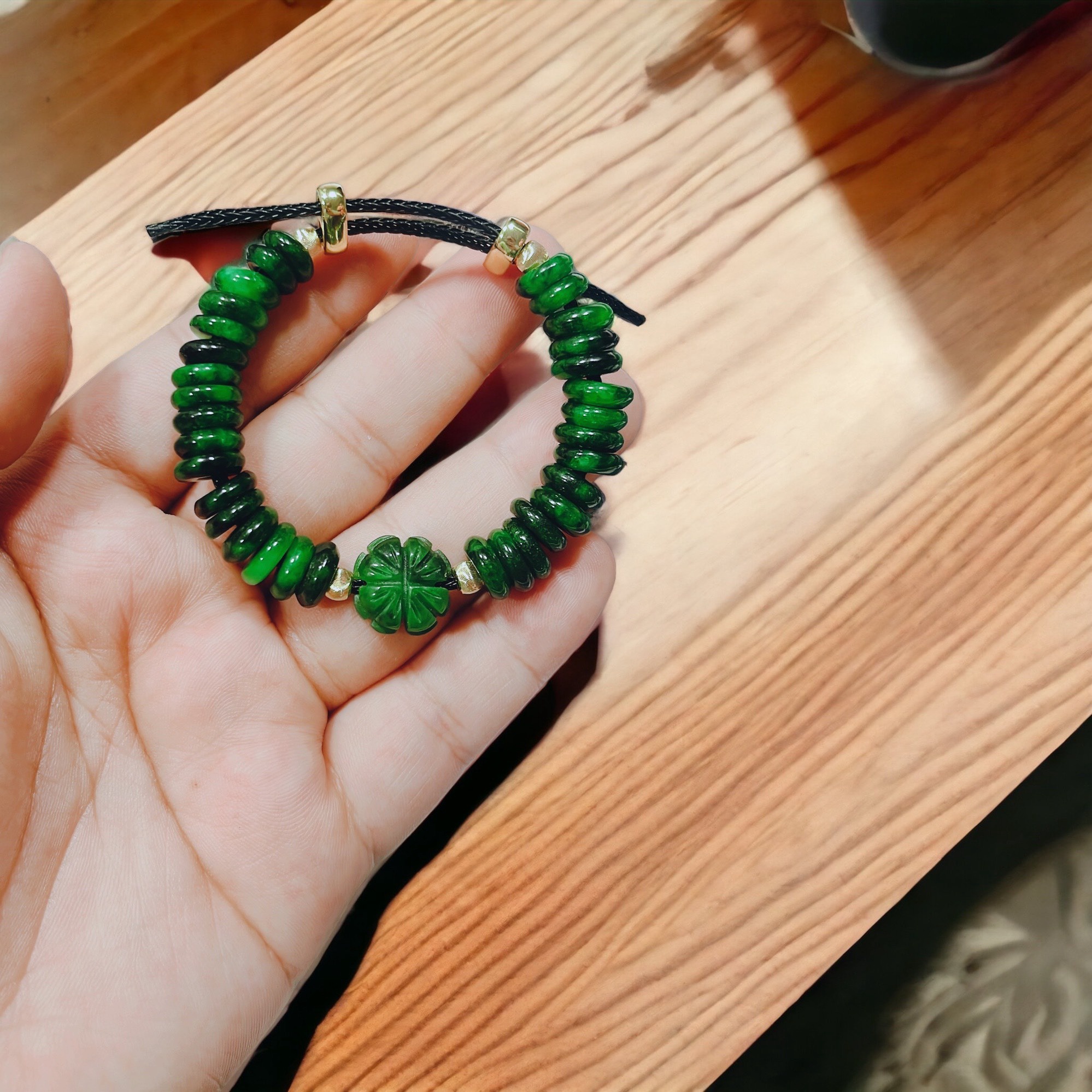 Vòng Tay Cỏ Bốn Lá Ngọc Cẩm Thạch Sơn Thủy Thiên Nhiên Dây Cáp - Thắng Giang