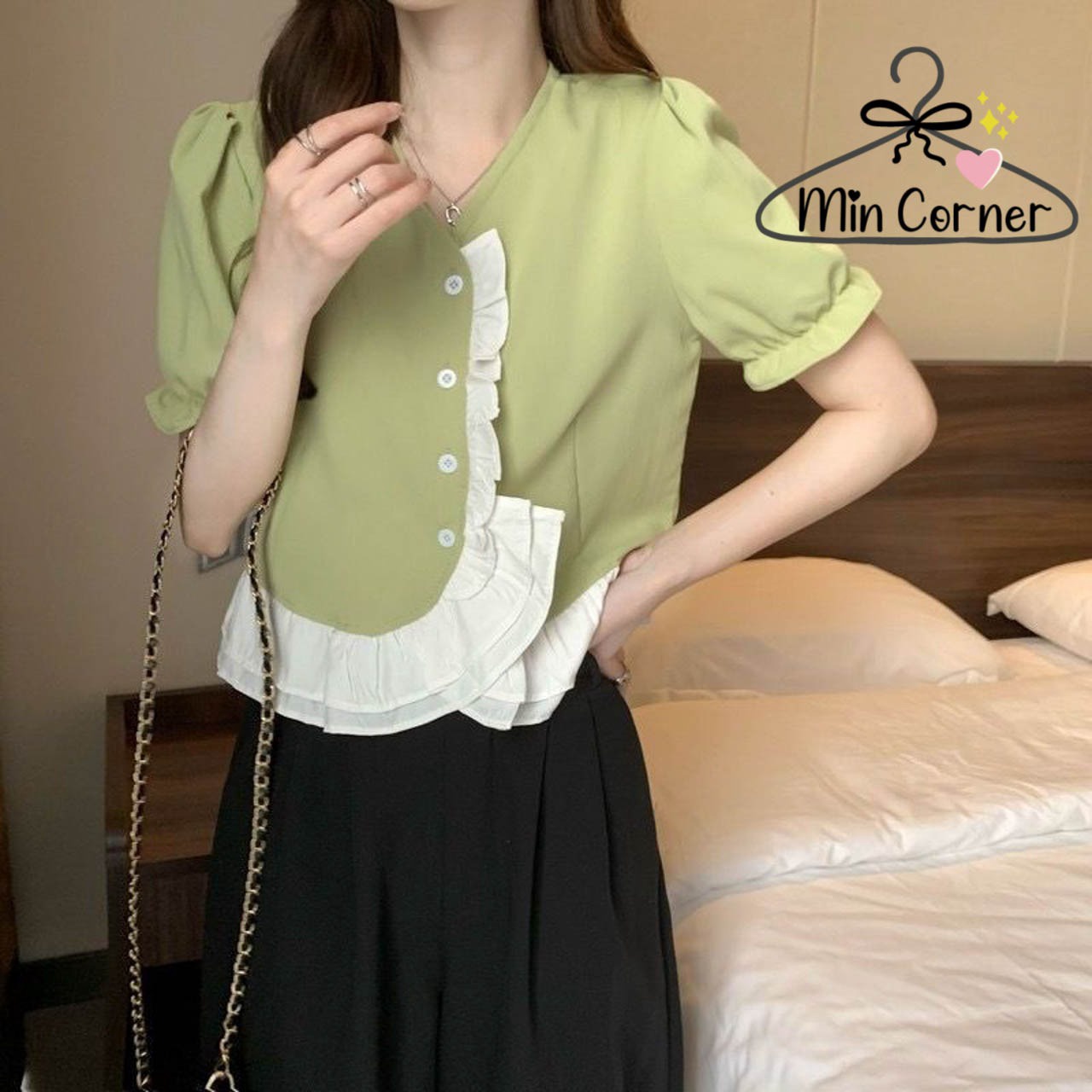 Áo Cổ Tim Phối Nút Ngọc Phối Bèo Ms78 - Min Corner