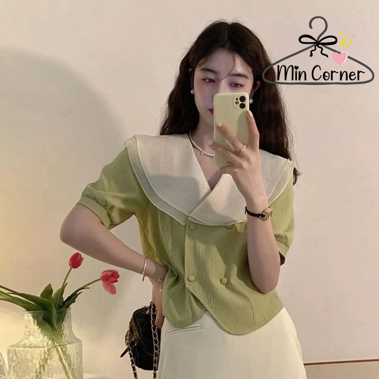 Áo Kiểu Phối Bèo Cổ Nút Bọc Cá Tính Thời Trang Ms79 - Min Corner