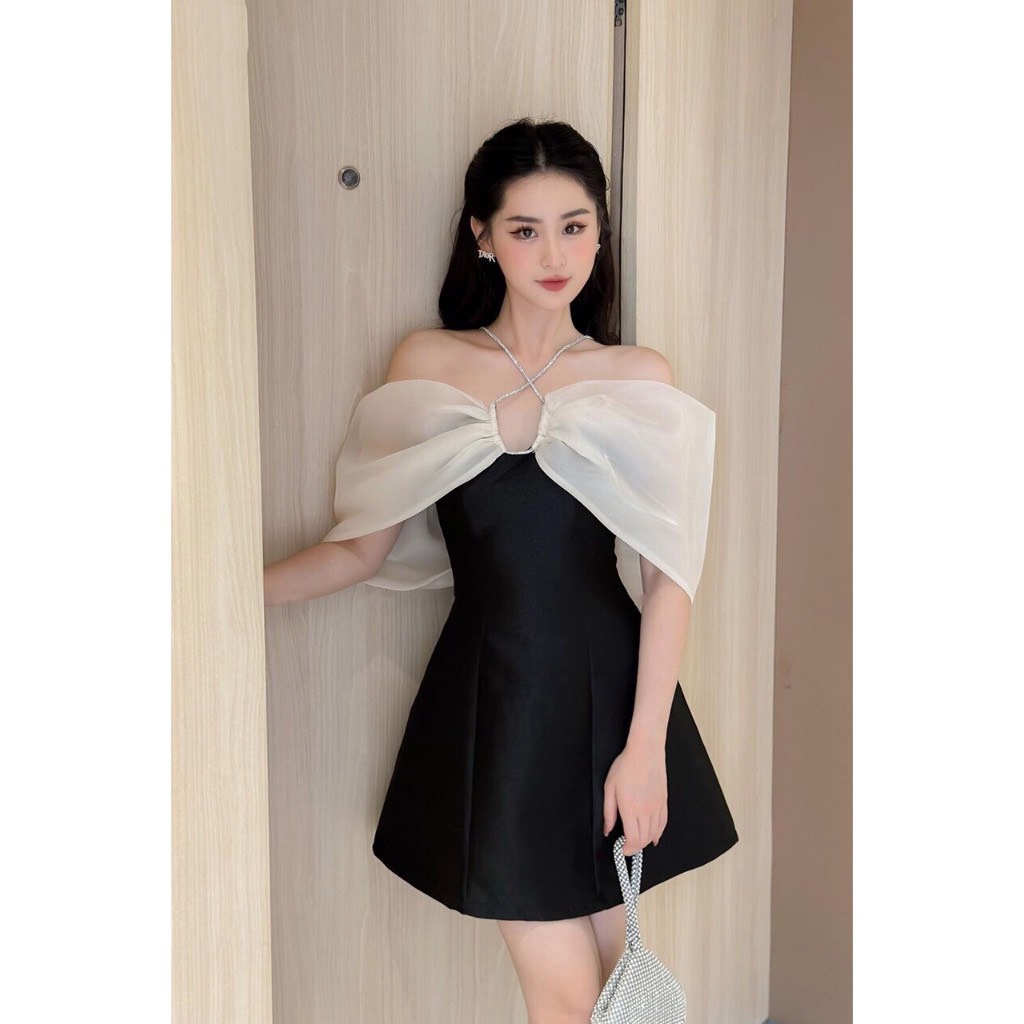 Đầm Dự Tiệc Phối Trễ Vai Chéo Cổ Rosa Dress - Vanass