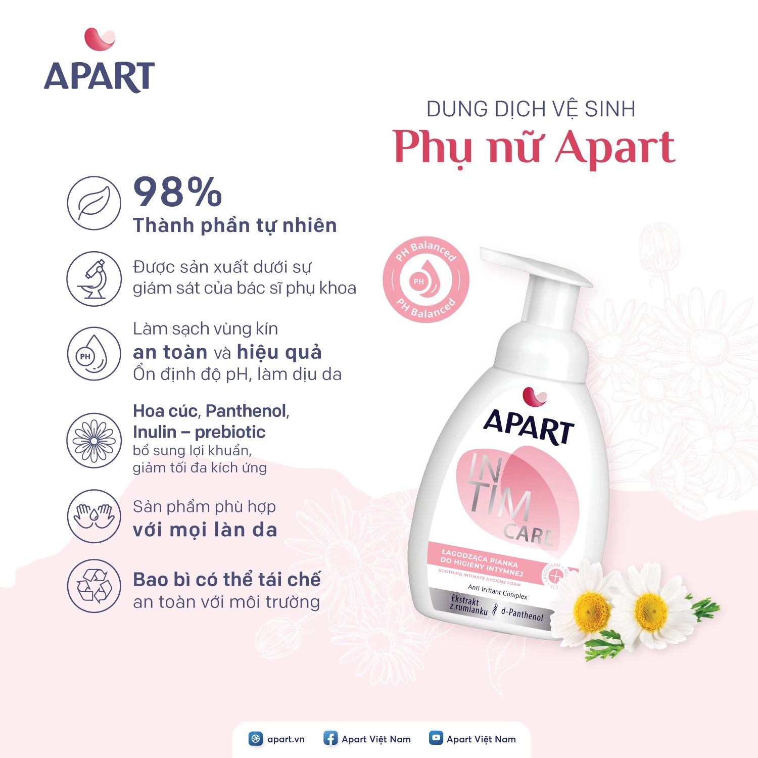 Alternative view of Dung Dịch Vệ Sinh Phụ Nữ Tạo Bọt Dịu Da, Kháng Khuẩn Chiết Xuất Hoa Cúc 300ml- Apart