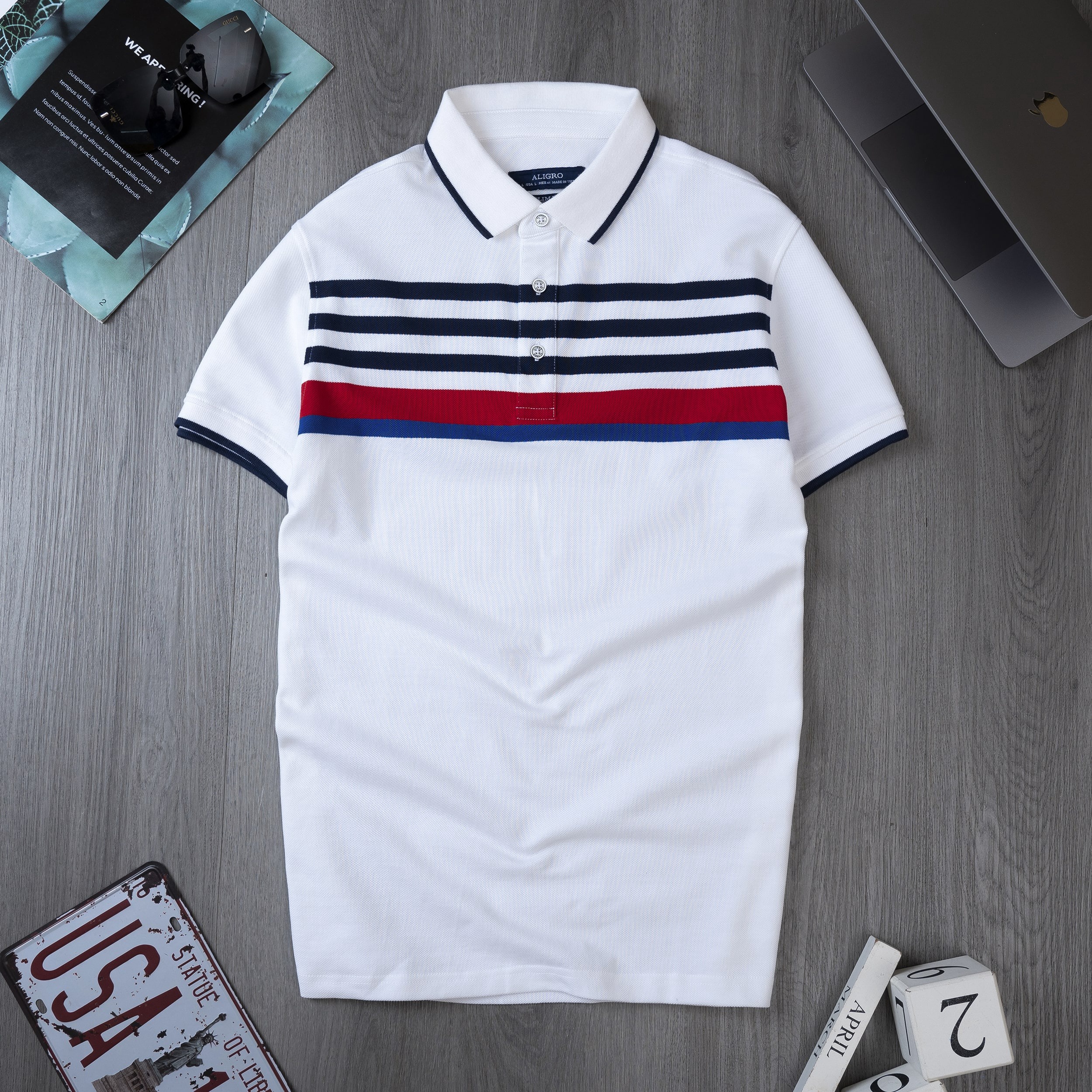 Áo Polo Nam Ngắn Tay Trắng Kẻ Ngang Navy-đỏ-xanh Algplo126 - Aligro