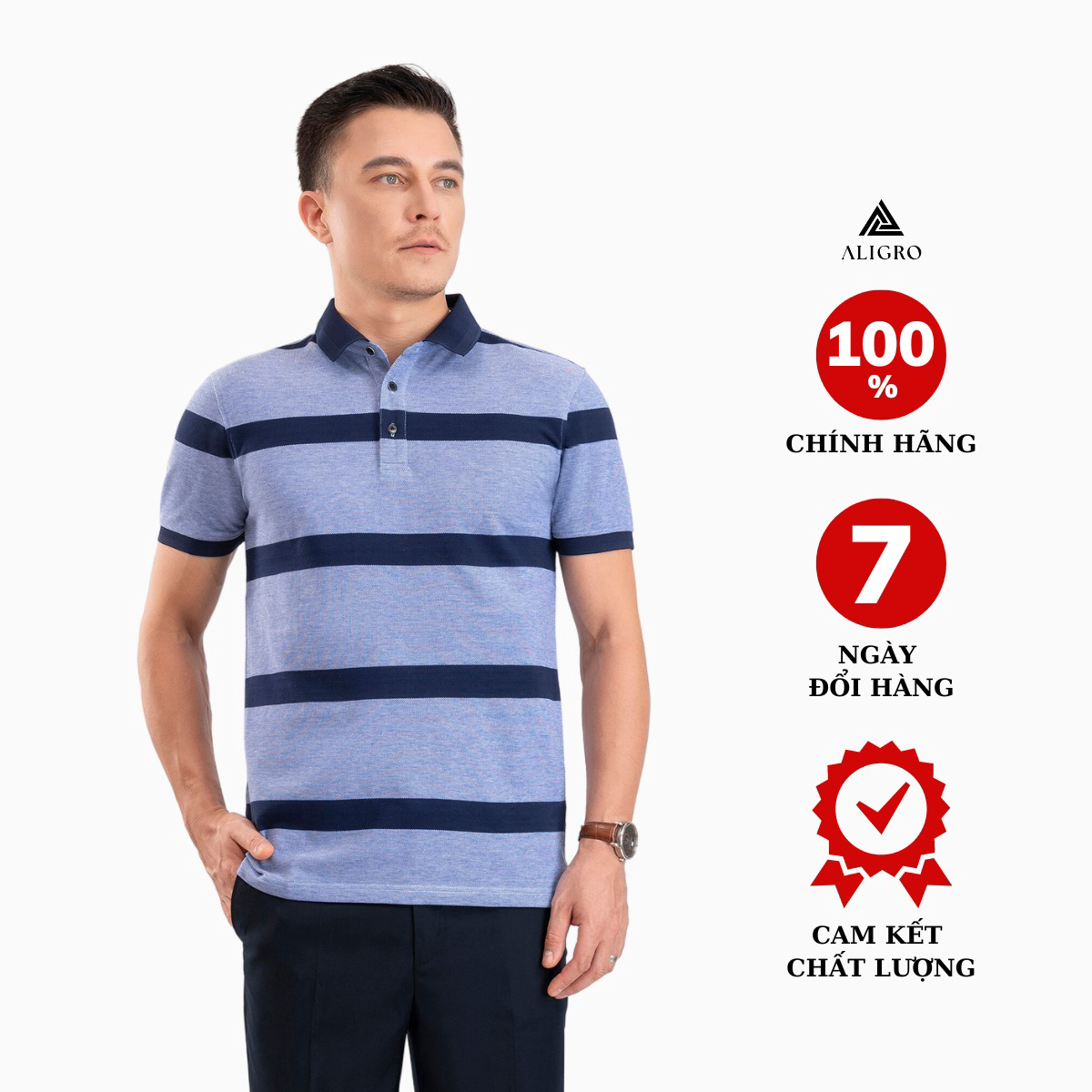 Áo Polo Nam Ngắn Tay Kẻ Ngang Navy-xanh Algplo97 - Aligro