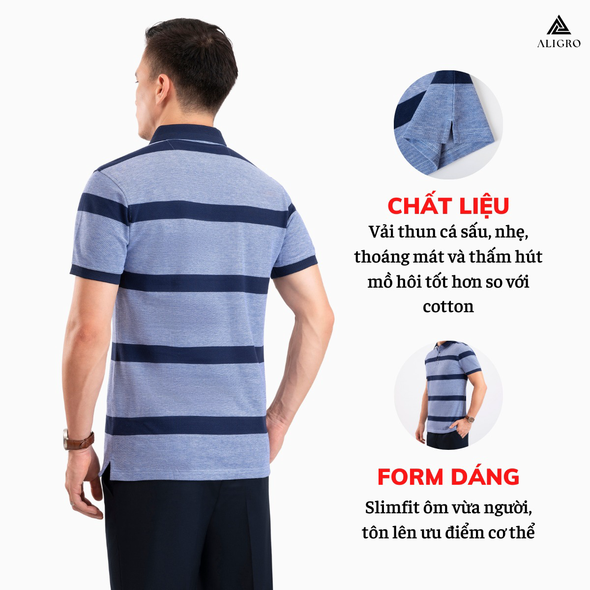 Alternative view of Áo Polo Nam Ngắn Tay Kẻ Ngang Navy-xanh Algplo97 - Aligro