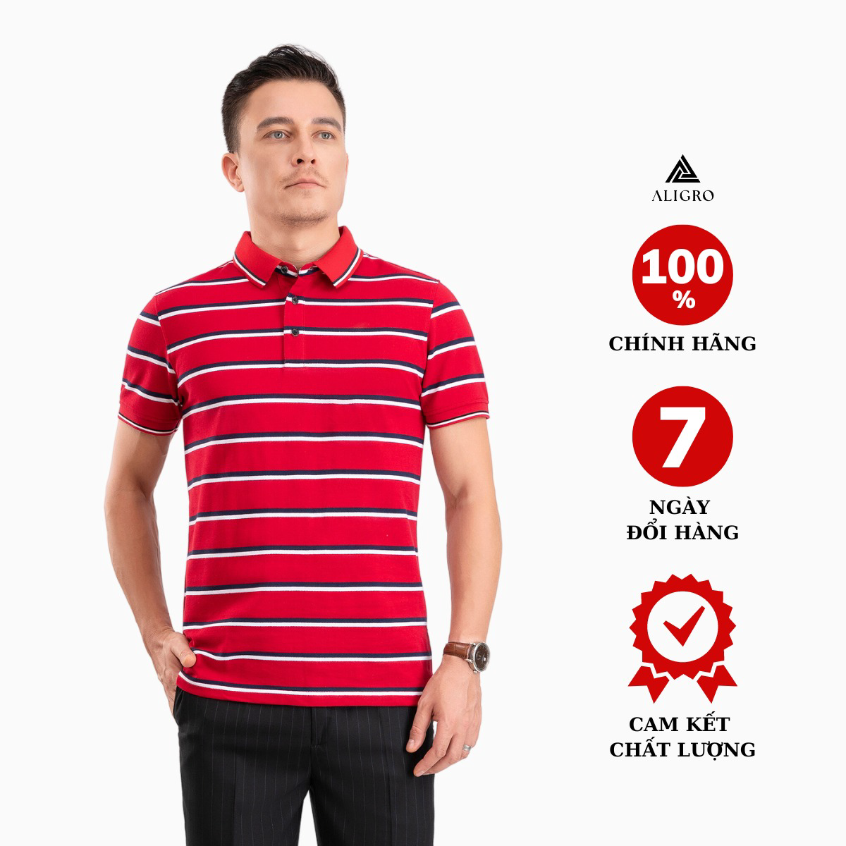 Áo Polo Nam Ngắn Tay Kẻ Ngang Đỏ-navy-trắng Algplo96 - Aligro