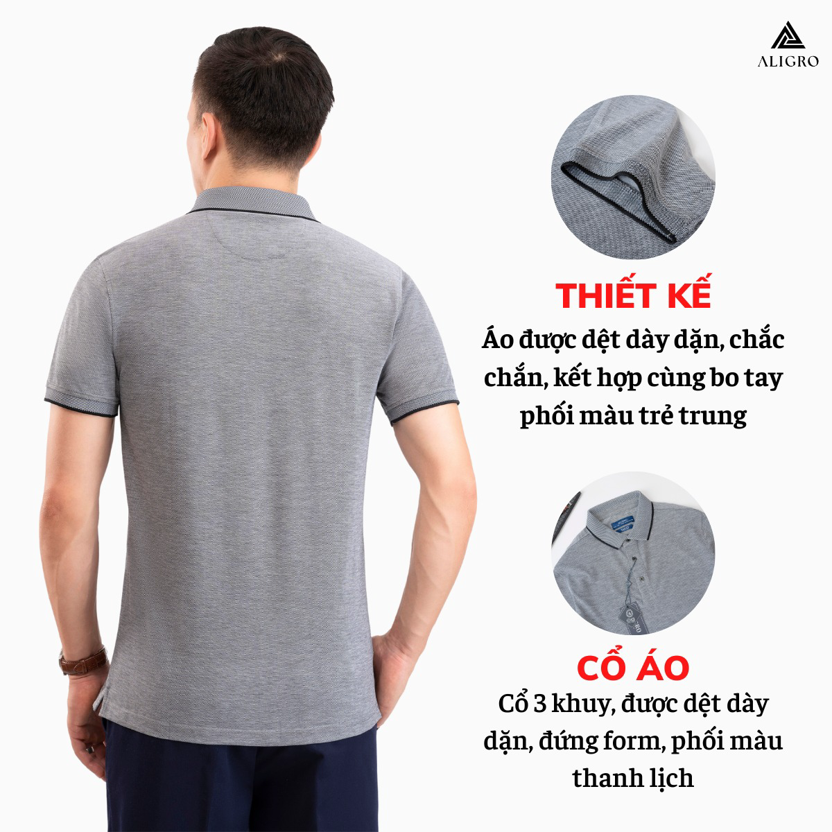 Alternative view of Áo Polo Nam Ngắn Tay Phối 2 Màu Sợi Ghi-đen Algplo93 - Aligro