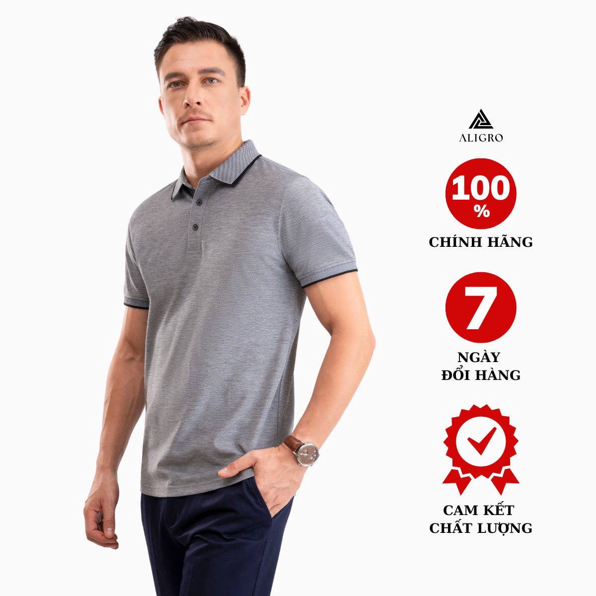 Áo Polo Nam Ngắn Tay Phối 2 Màu Sợi Ghi-đen Algplo93 - Aligro
