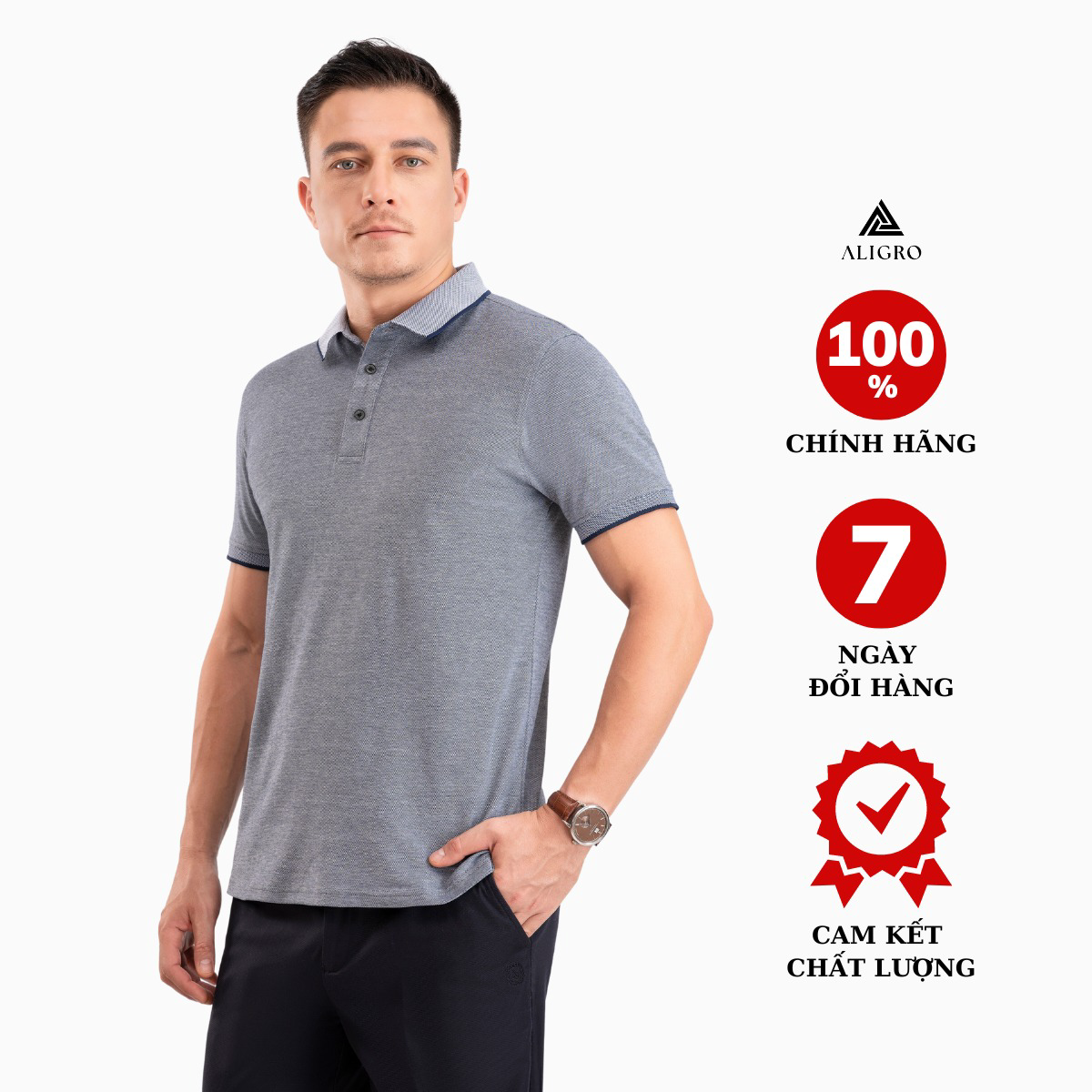Áo Polo Nam Ngắn Tay Phối 2 Màu Sợi Ghi-navy Algplo92 - Aligro