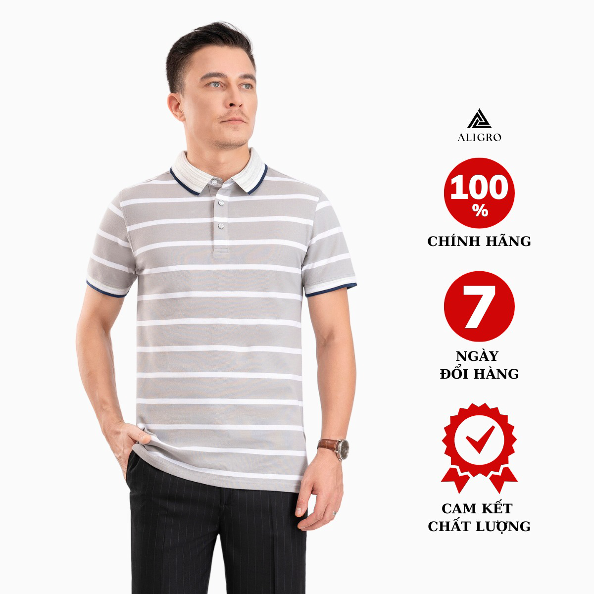 Áo Polo Nam Ngắn Tay Kẻ Ngang Ghi-trắng Algplo89 - Aligro