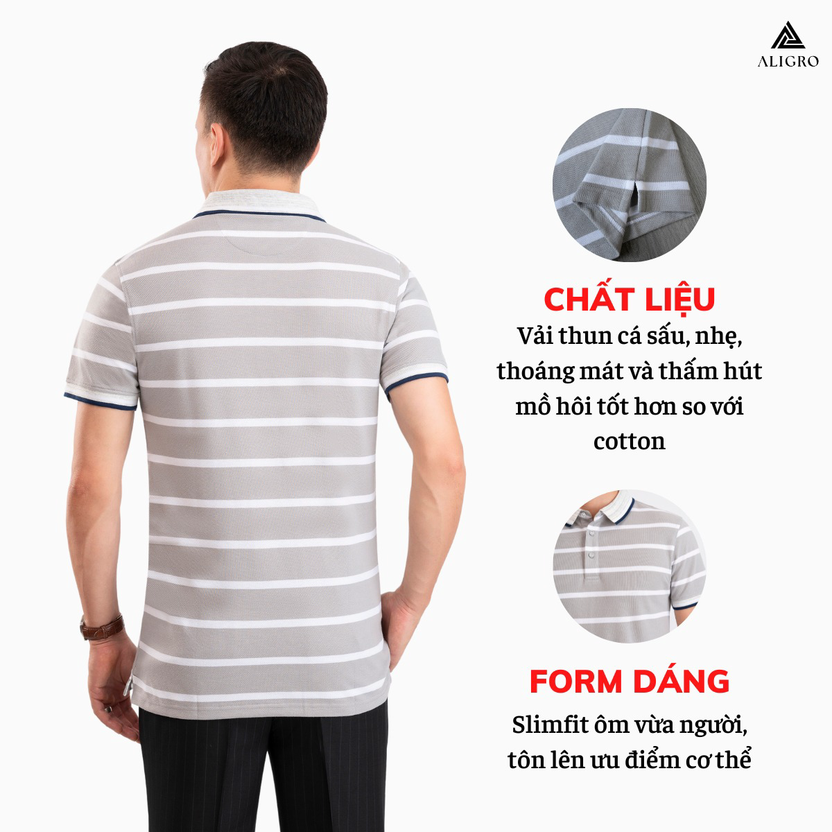Alternative view of Áo Polo Nam Ngắn Tay Kẻ Ngang Ghi-trắng Algplo89 - Aligro