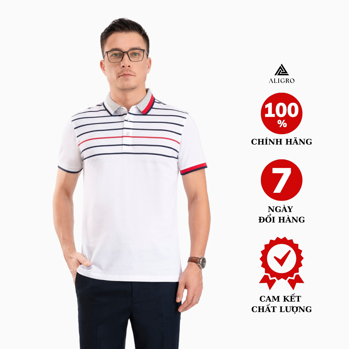 Áo Polo Nam Ngắn Tay Kẻ Ngang Trắng-đen-đỏ Algplo87 - Aligro